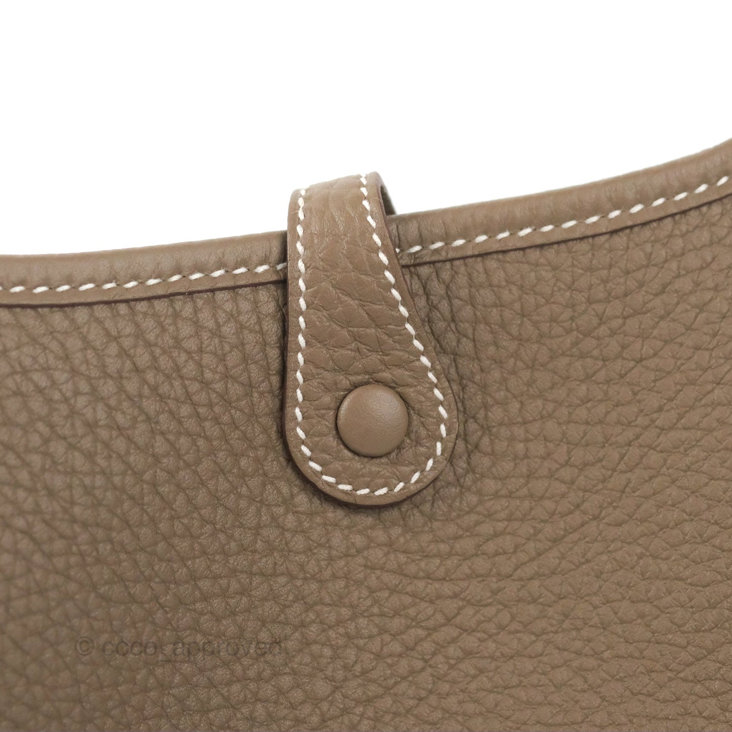 Hermès Mini Evelyne 16 Etoupe Clemence Gold Hardware with Bleu Indigo Strap