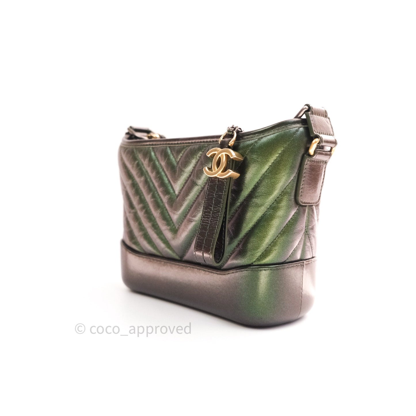 Chanel Calfskin Chevron Small Gabrielle Hobo Iridescent Green Mixed Hardware