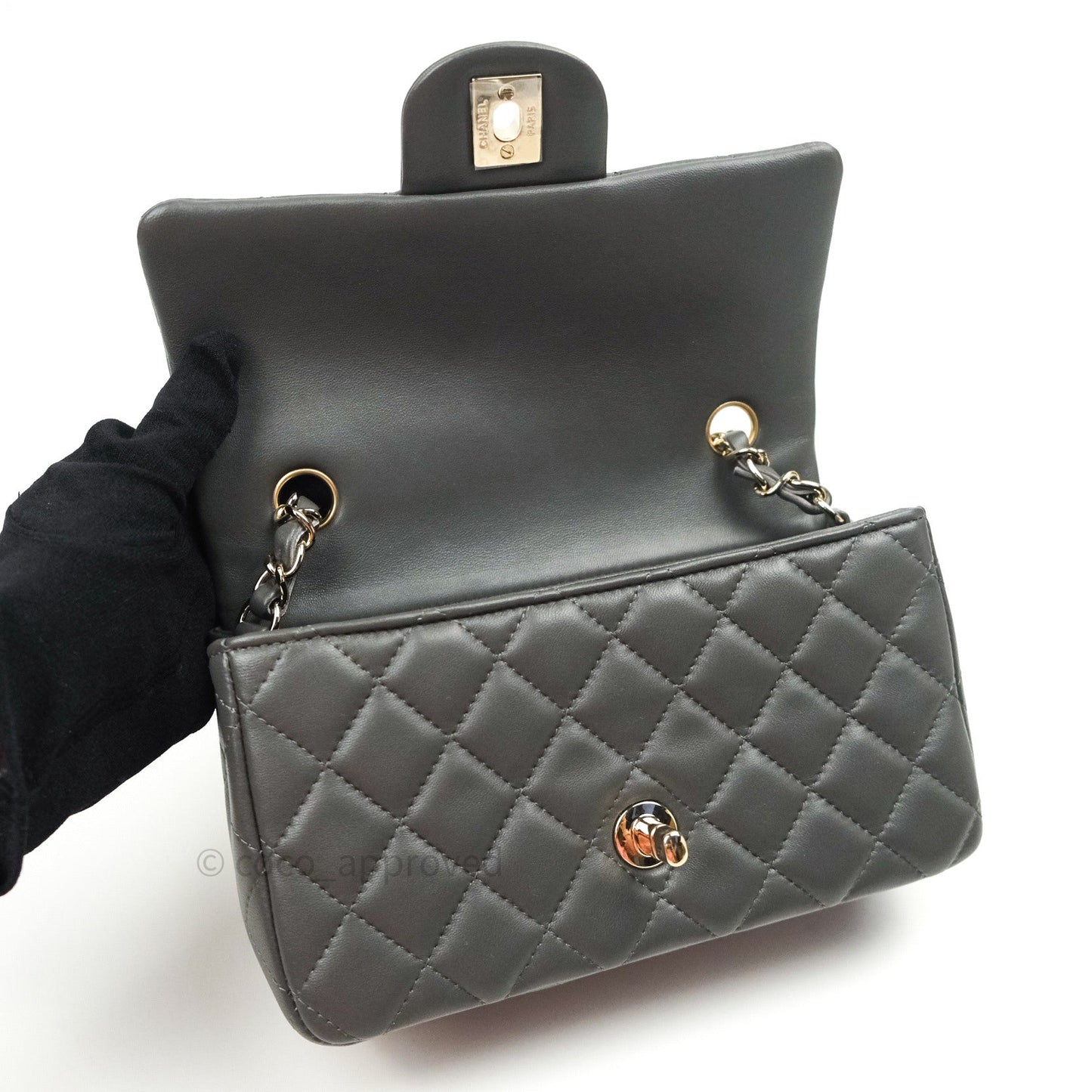 Chanel Quilted Mini Rectangular Dark Grey Lambskin Gold Hardware