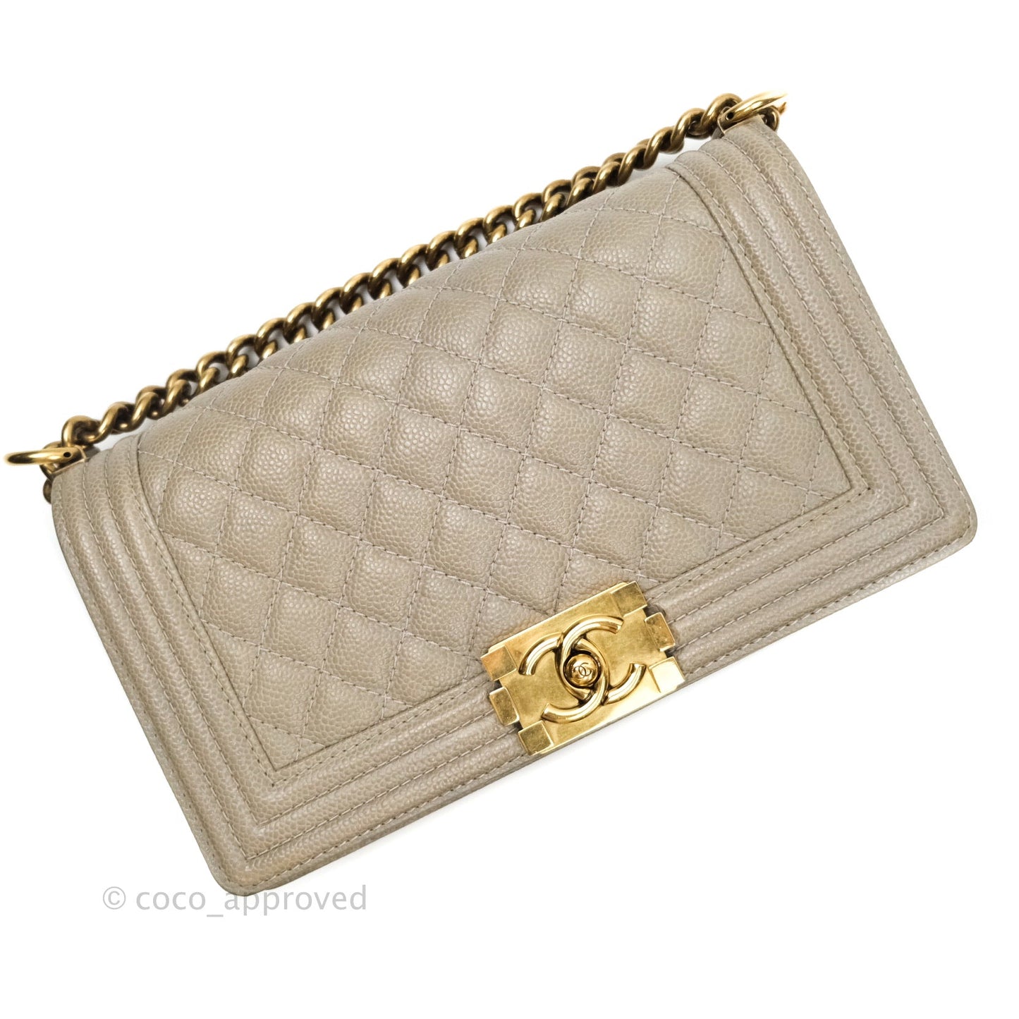 Chanel Boy Quilted Medium Taupe Grey Caviar Gold Hardware 14B