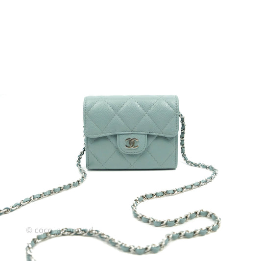 Chanel Mini Wallet With Chain Light Blue Caviar Silver Hardware 20B