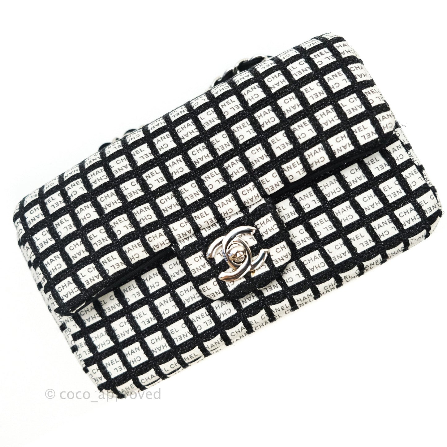 Chanel Quilted Mini Rectangular Black White Logo Silver Hardware