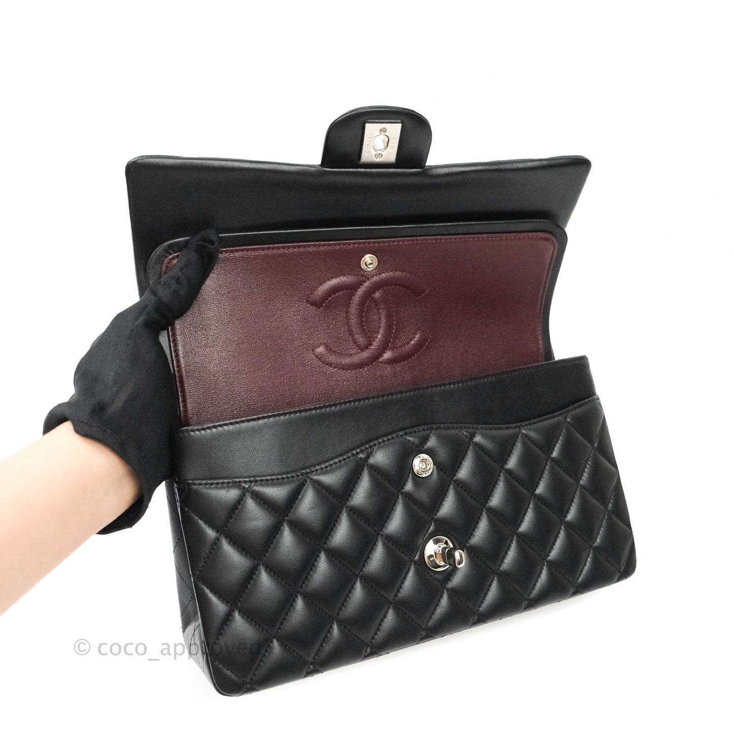 Chanel Classic M/L Medium Double Flap Bag Black Lambskin Silver Hardware