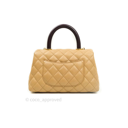 Chanel Mini Coco Handle Quilted Beige Caviar Gold Hardware Lizard Embossed Handle
