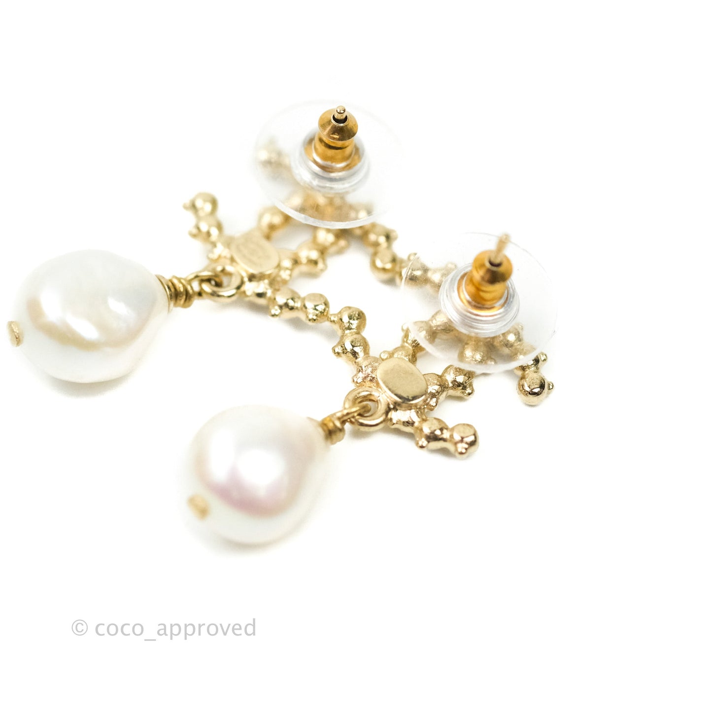 Chanel CC Pearl Drop Earrings Crystal Gold Tone 20B