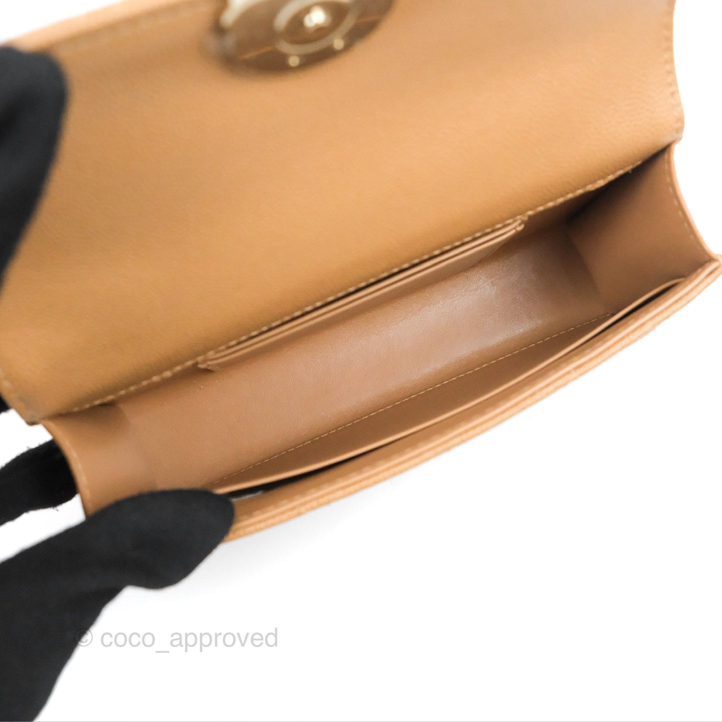 Chanel Top Handle Clutch with Chain Dark Beige Caviar Light Gold Hardware 23P