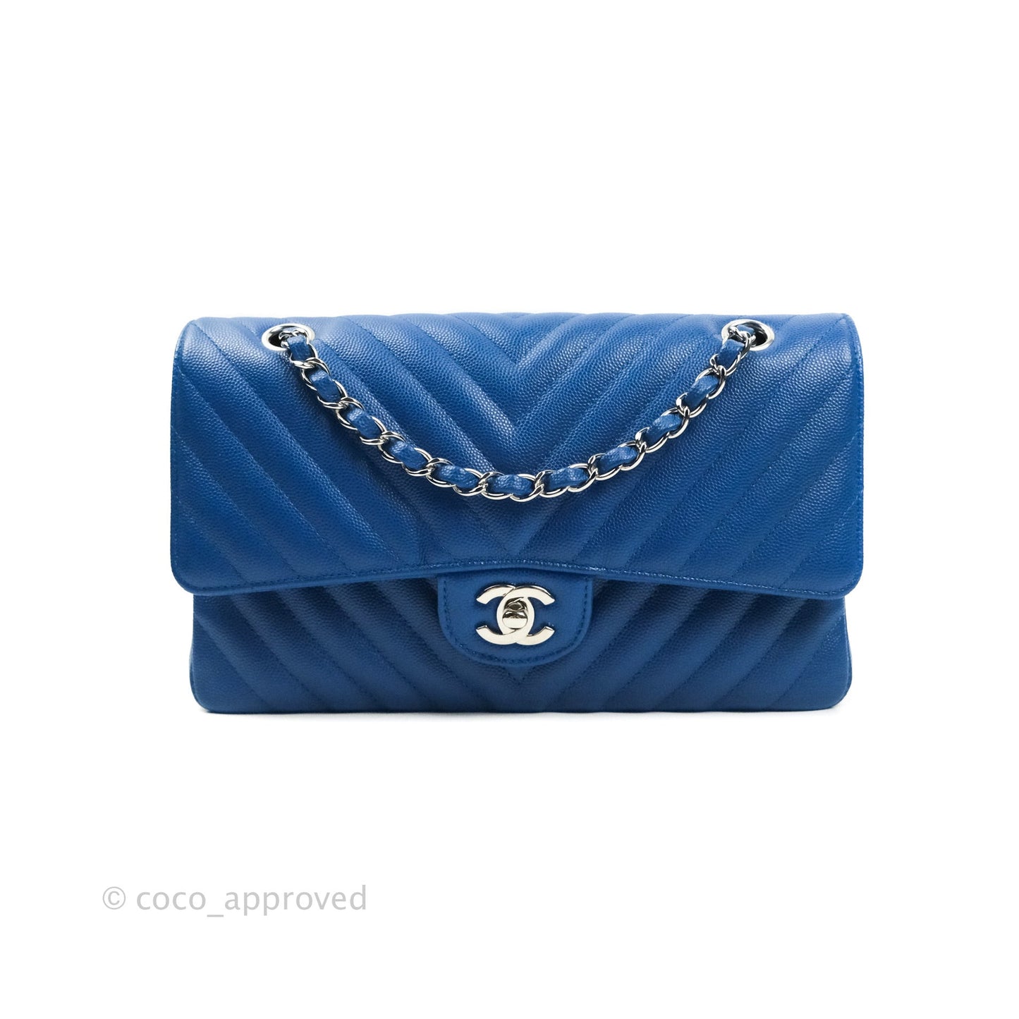 Chanel Classic Chevron M/L Medium Double Flap Blue Caviar Silver Hardware