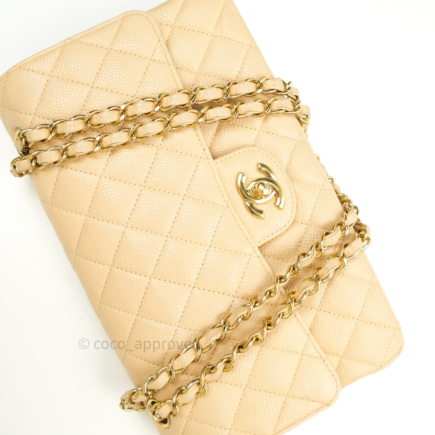 Chanel Quilted M/L Medium Double Flap Beige Clair Caviar Gold Hardware