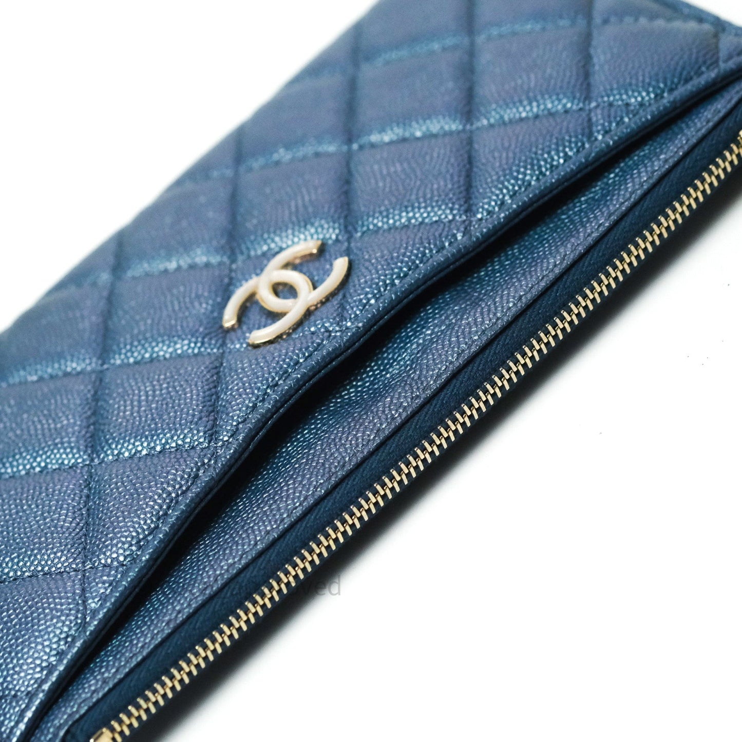 Chanel Iridescent Caviar O Case Phone Case Pouch Card Holder Blue Light Gold Hardware