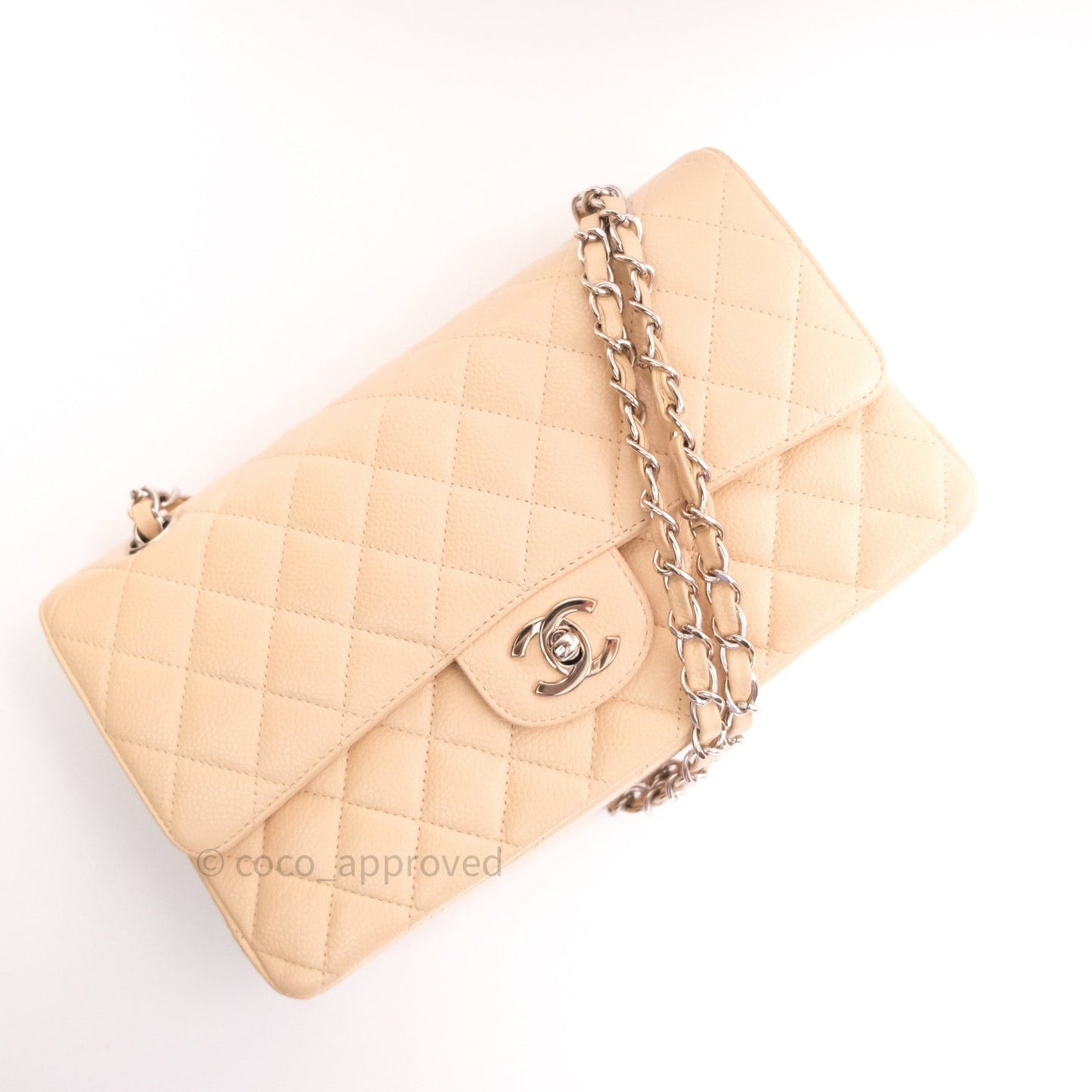 Chanel Quilted M/L Medium Double Flap Beige Clair Caviar Silver Hardware