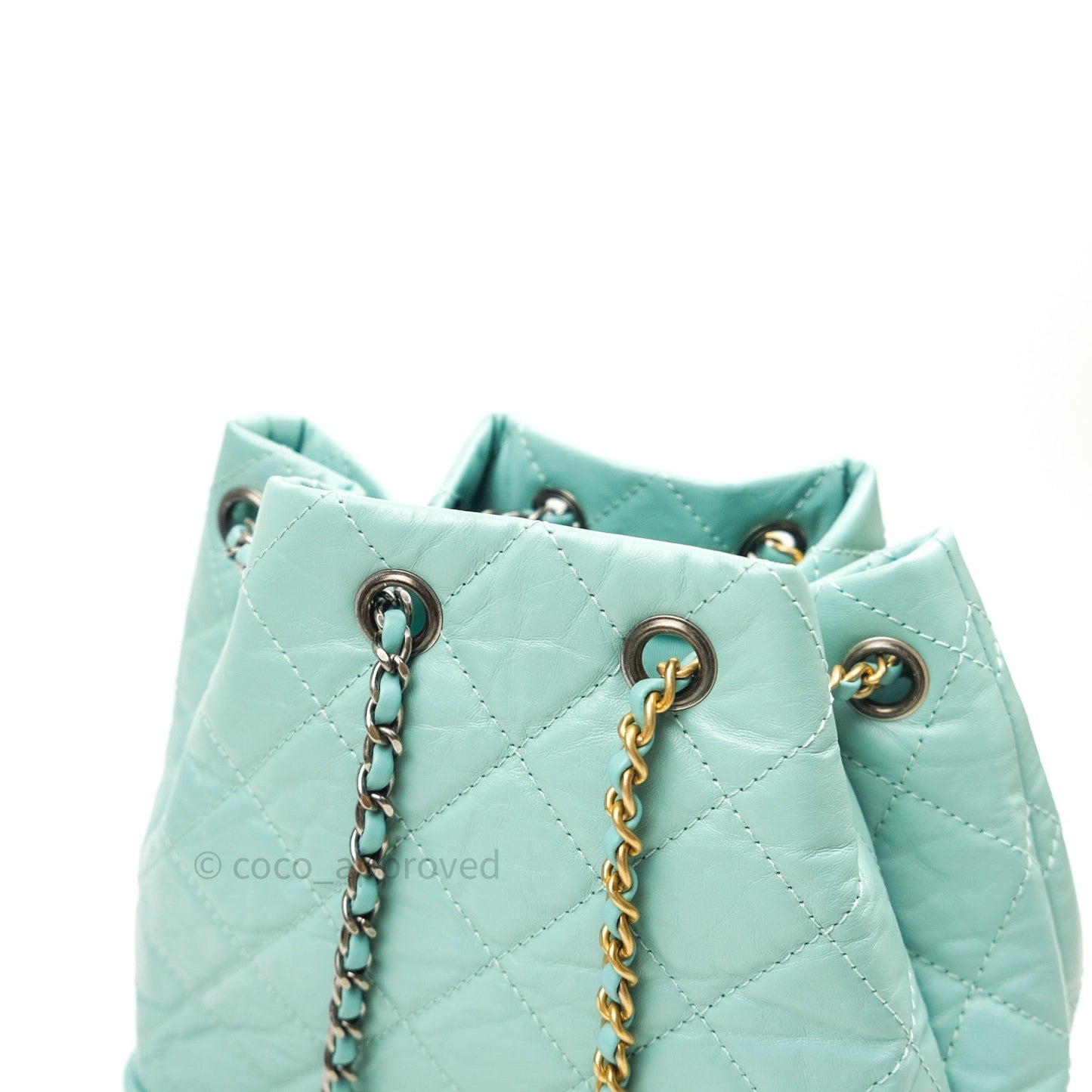 Chanel Gabrielle Backpack Black Aged Calfskin Small Tiffany Blue
