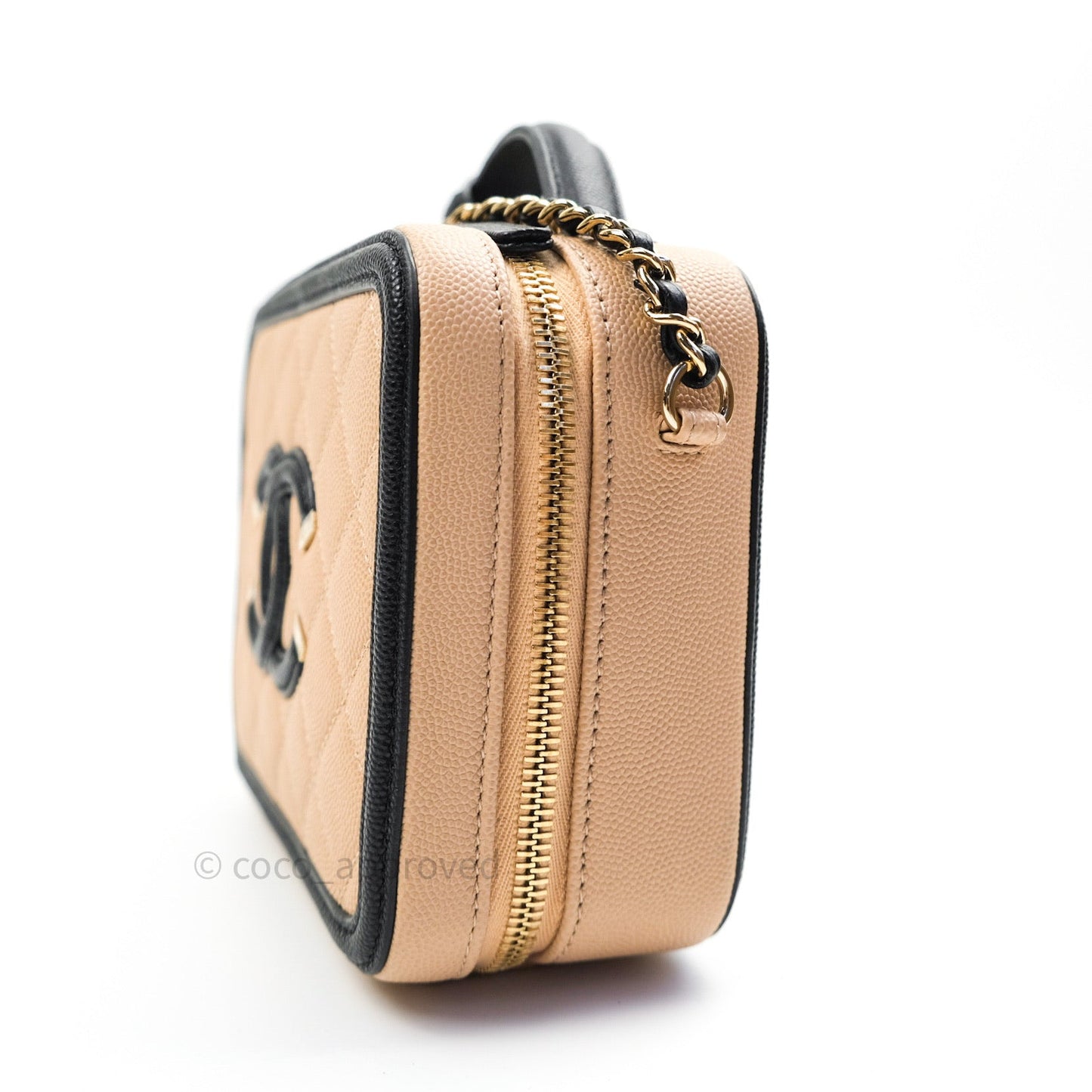 Chanel Quilted New Small CC Filigree Vanity Case Beige Caviar Gold Hardware