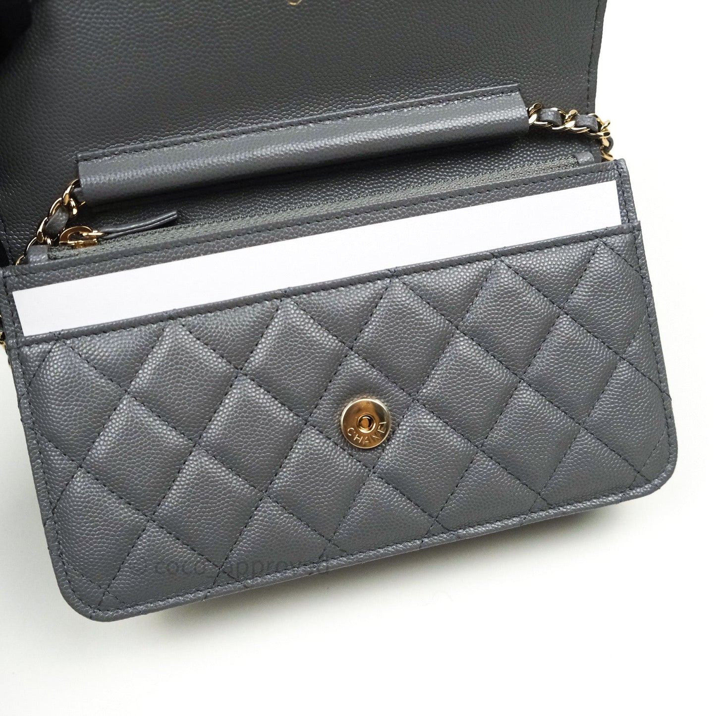 Chanel Quilted Wallet on Chain WOC Grey Caviar Gold Hardware