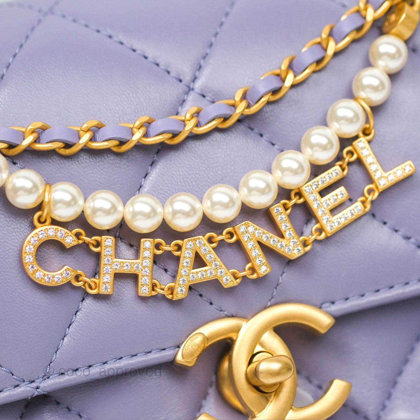 Chanel Crystal Pearl Chain Mini Flap Bag Purple Lambskin Aged Gold Hardware