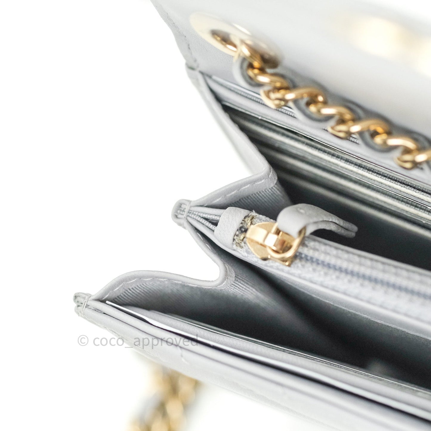 Chanel Mini Trendy CC Wallet On Chain WOC Lambskin Chevron Grey Gold Hardware