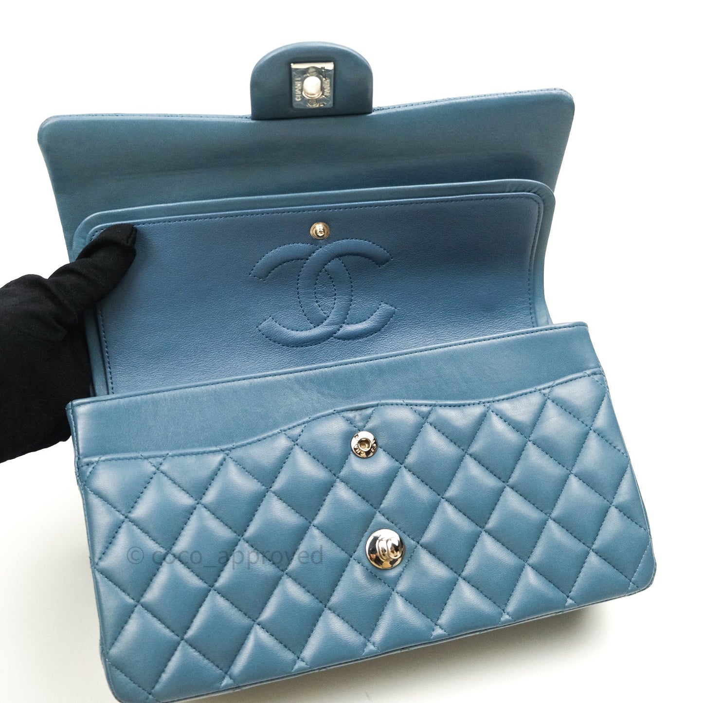 Chanel Classic M/L Lambskin Medium Double Flap Teal Blue Silver Hardware