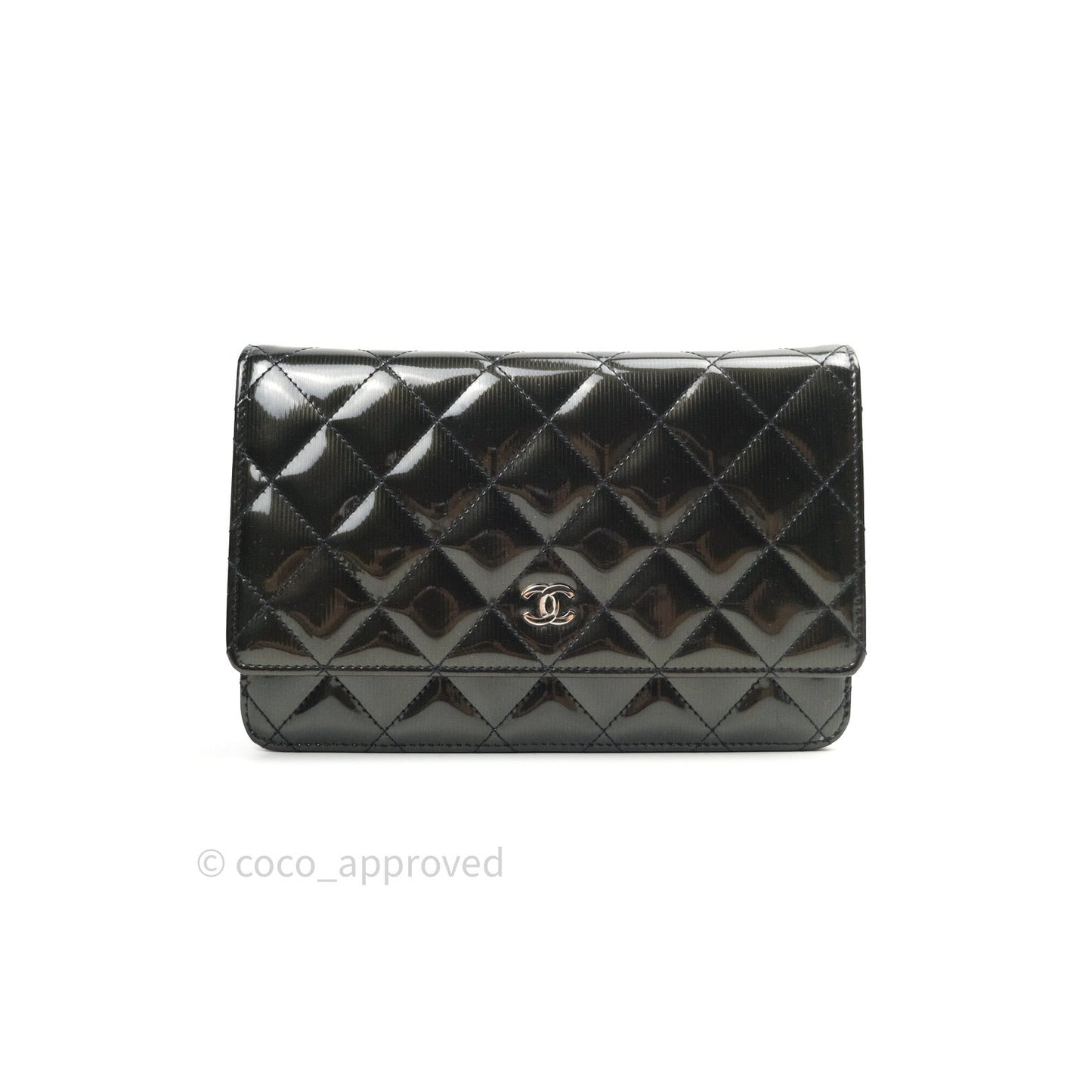 Chanel Quilted Wallet on Chain WOC Dark Green Patent Leather Silver Hardware