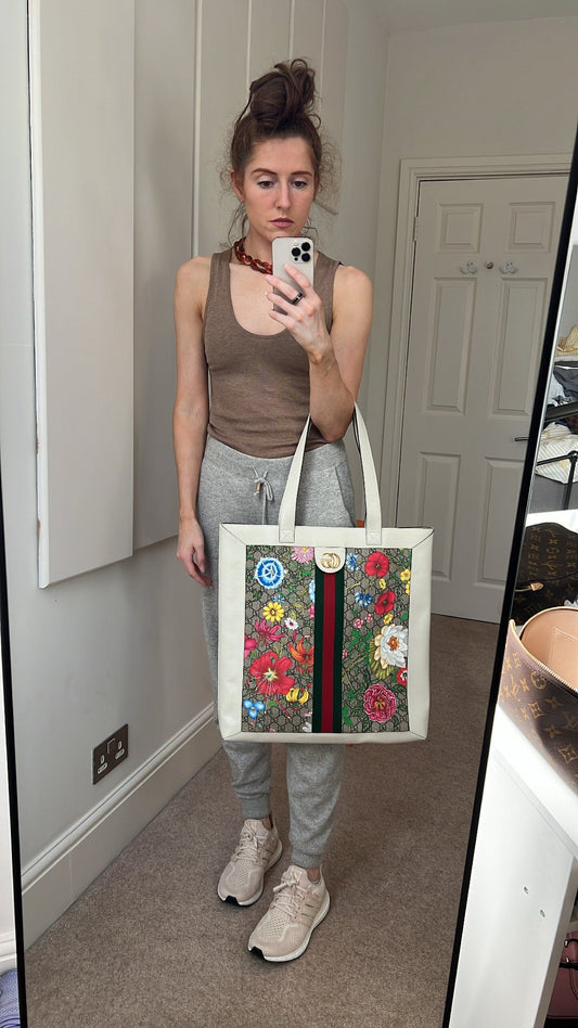 Luxury Gucci White Monogram Canvas Flora Large Ophidia Shopping Tote