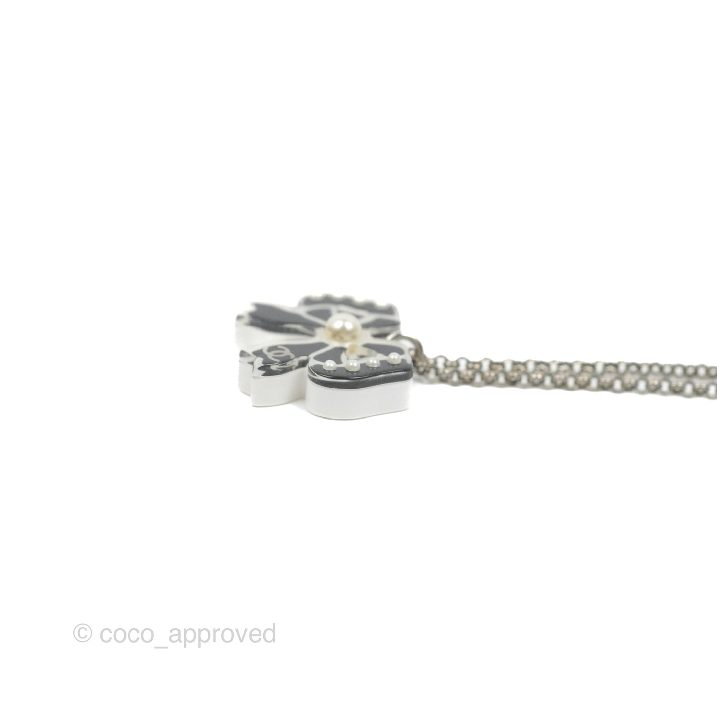 Chanel CC Pearl Bow Necklace Black Silver Hardware 18P