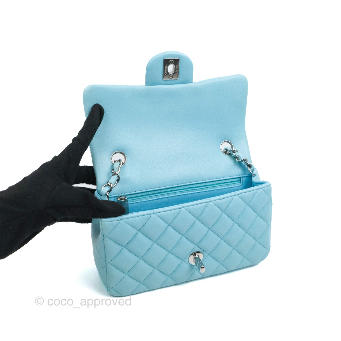 Chanel Quilted Mini Rectangular Flap Light Blue Lambskin Silver Hardware