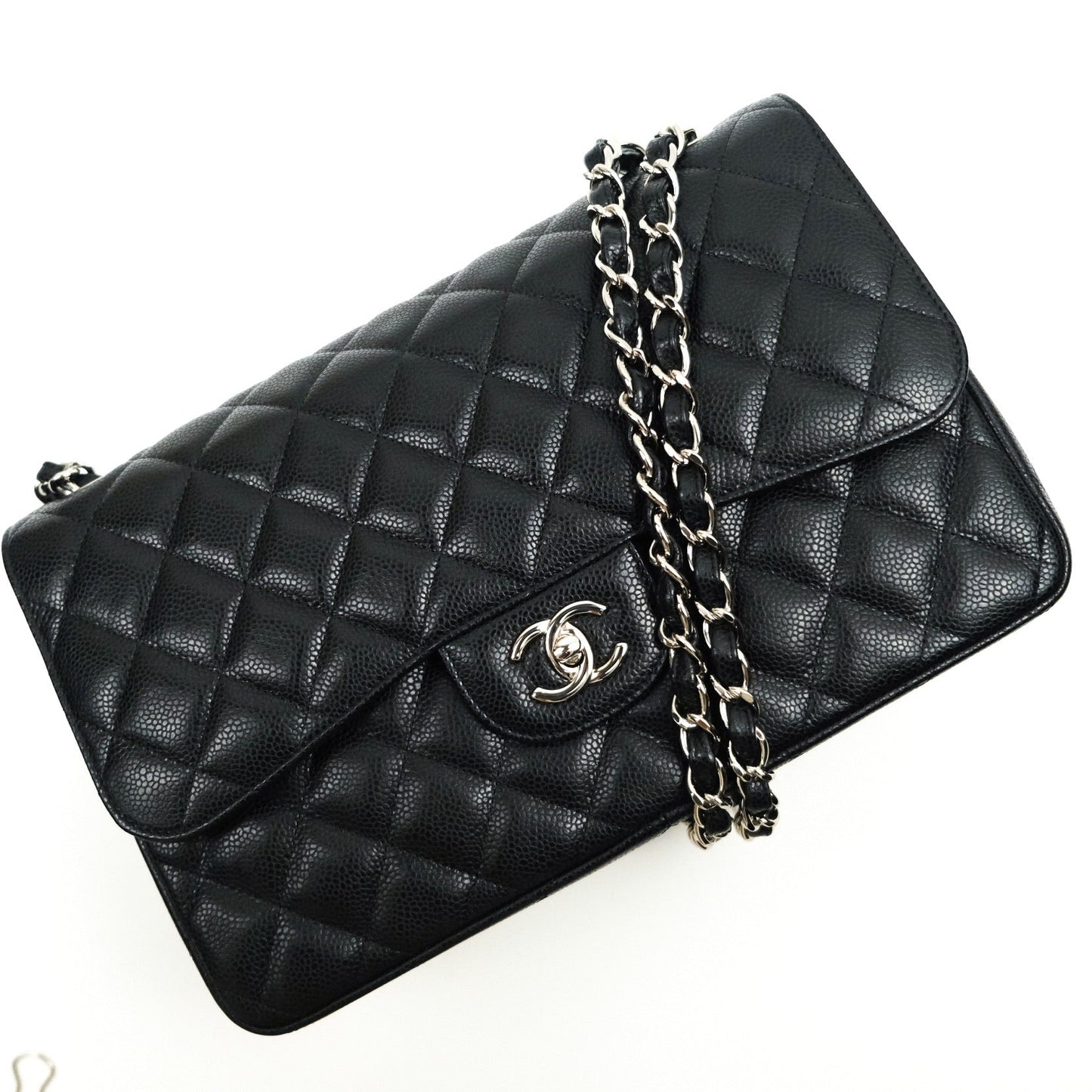 Chanel Classic Jumbo Double Flap Black Quilted Caviar Silver Hardware⁣⁣