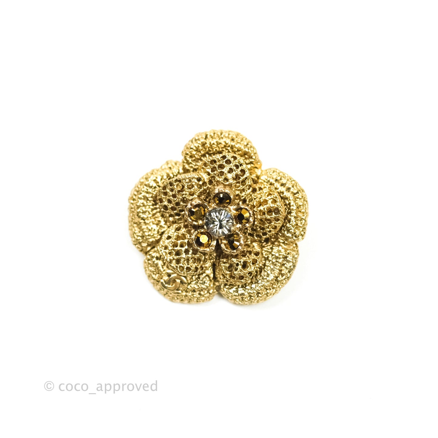 Chanel Camellia CC Rhinestone Pin Brooch Gold Tone