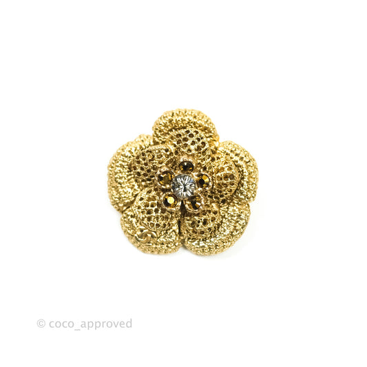 Chanel Camellia CC Rhinestone Pin Brooch Gold Tone