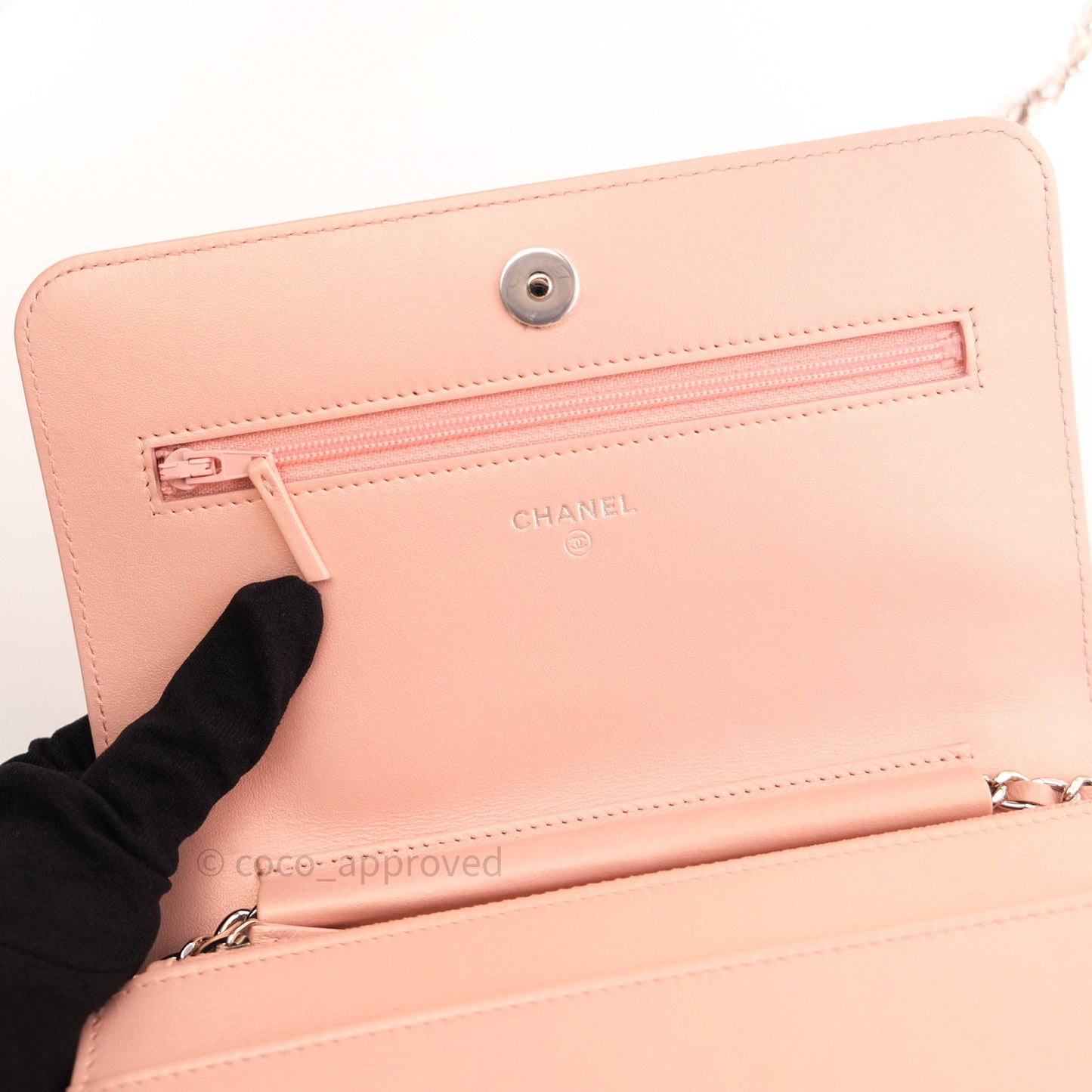 Chanel Chevron Wallet on Chain WOC Rose Gold Caviar Silver Hardware 19P