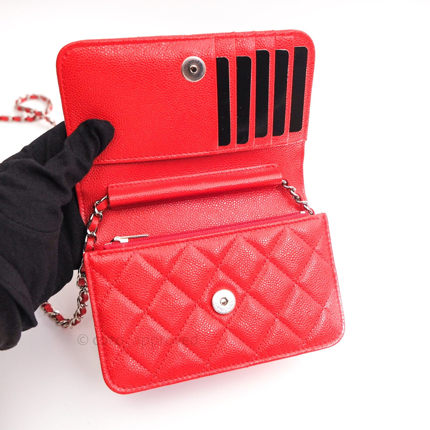 Chanel Quilted Mini Wallet on Chain WOC Brick Red Caviar Silver Hardware
