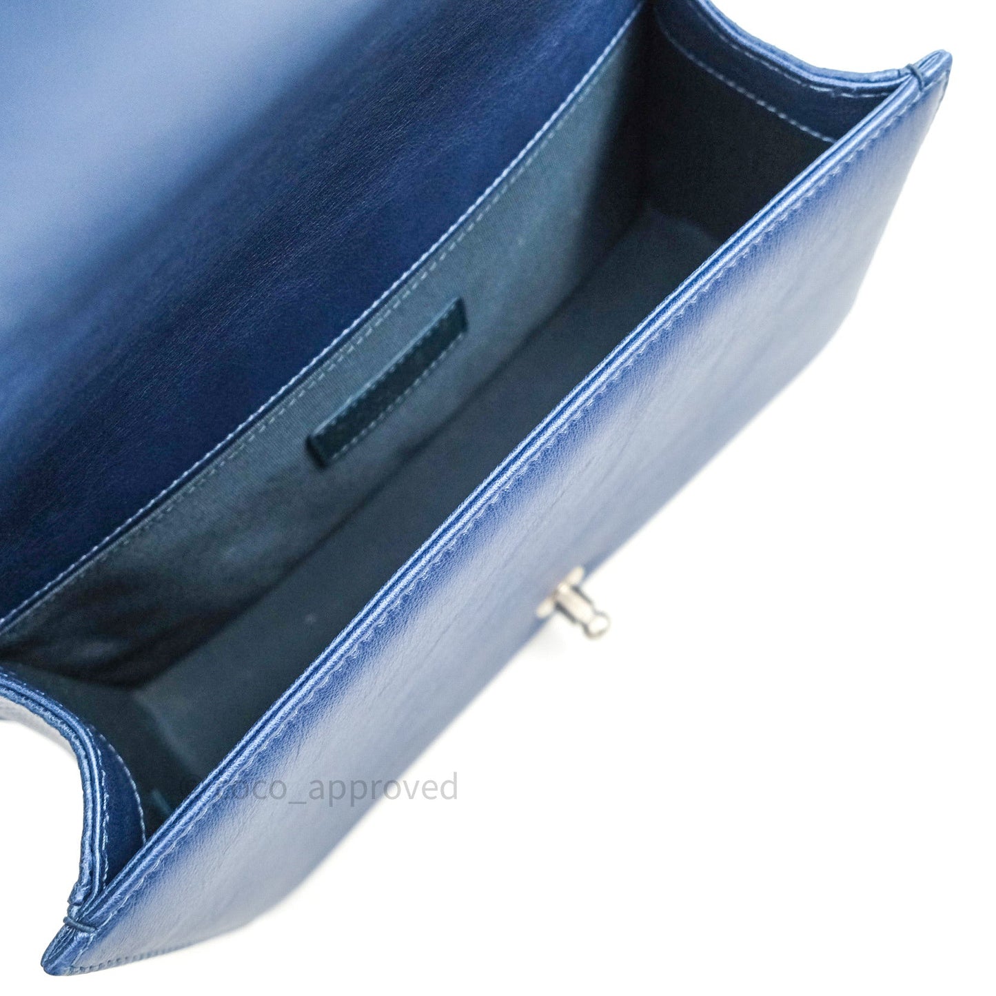Chanel Boy Medium Blue Metallic Calfskin Perforated Silver Hardware