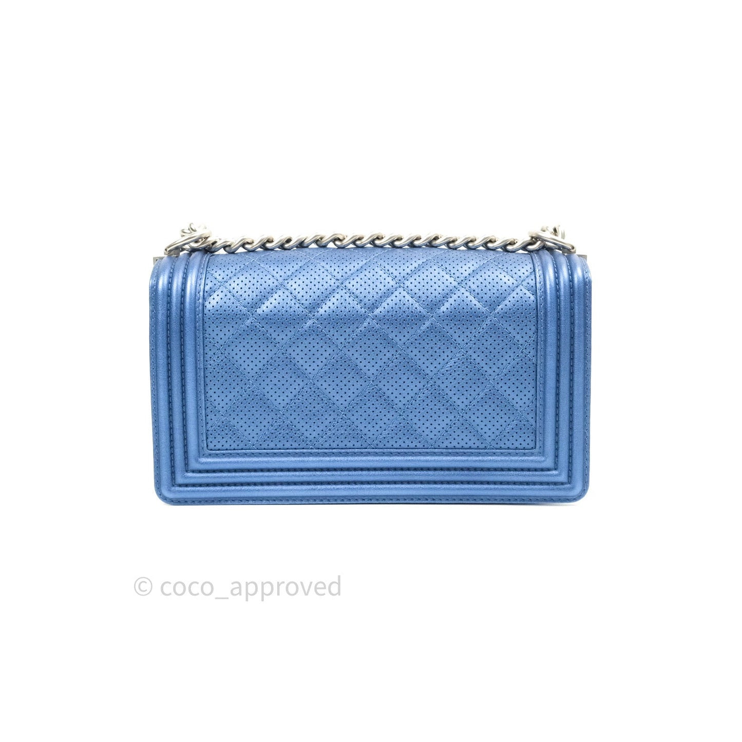 Chanel Boy Medium Blue Metallic Calfskin Perforated Silver Hardware