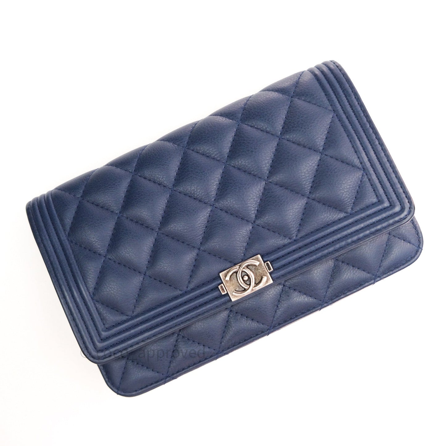 Chanel Quilted Boy Wallet on Chain WOC Blue Grained Calfskin Ruthenium Hardware