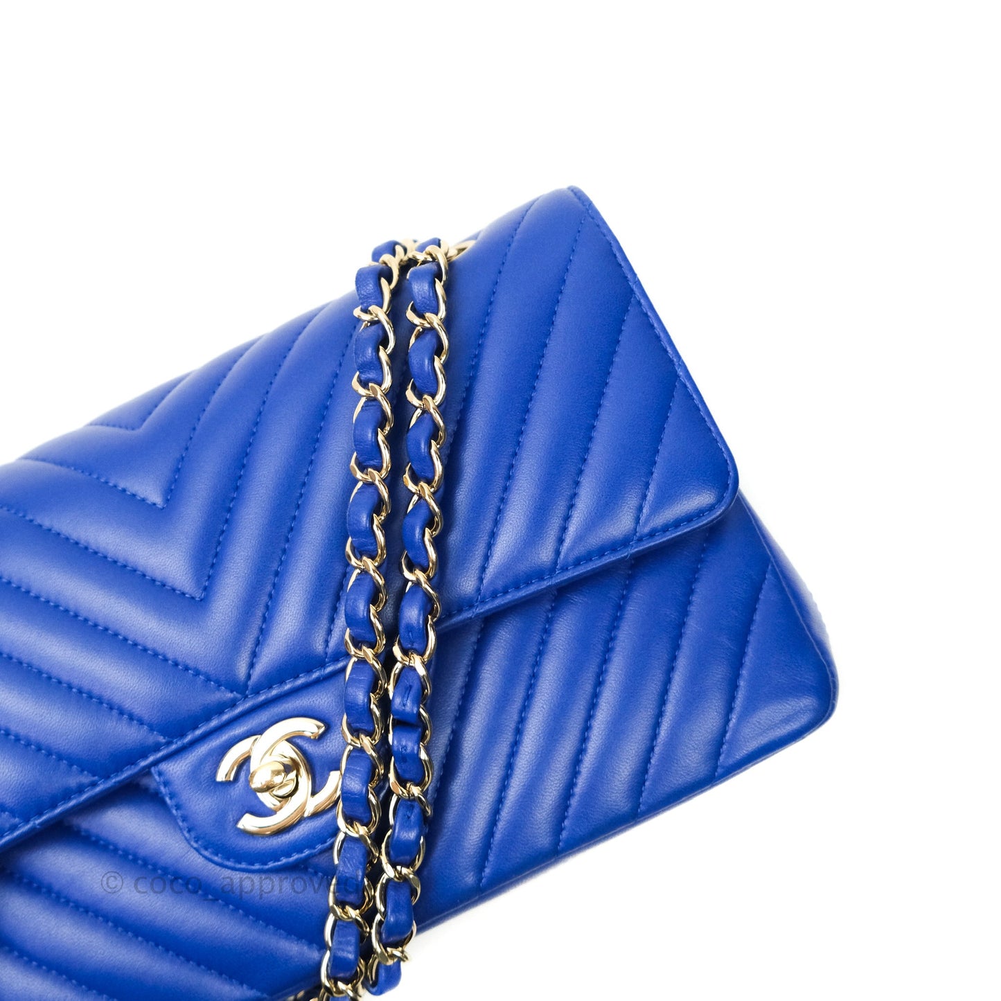 Chanel Classic Chevron M/L Medium Double Flap Blue Lambskin Gold Hardware