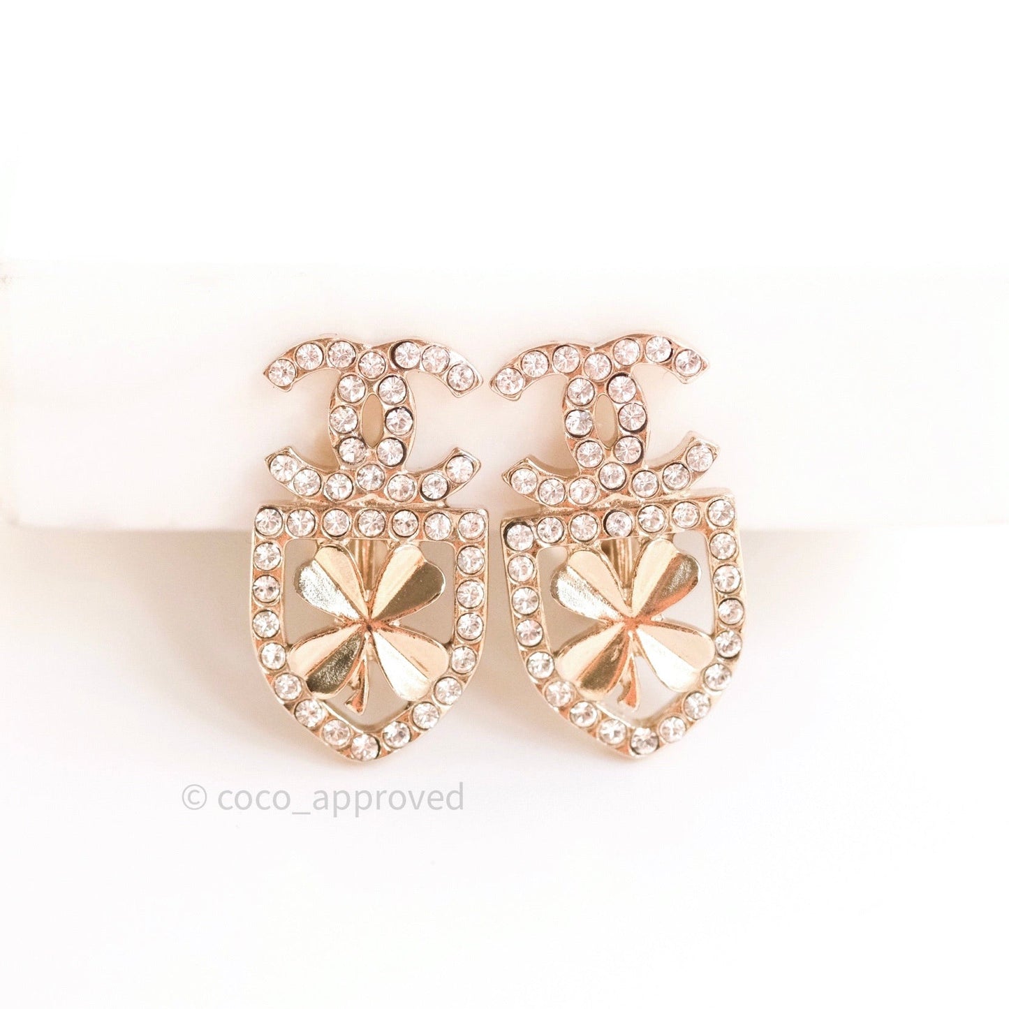 Chanel Crystal CC Clover Earrings Gold Clip On 20B