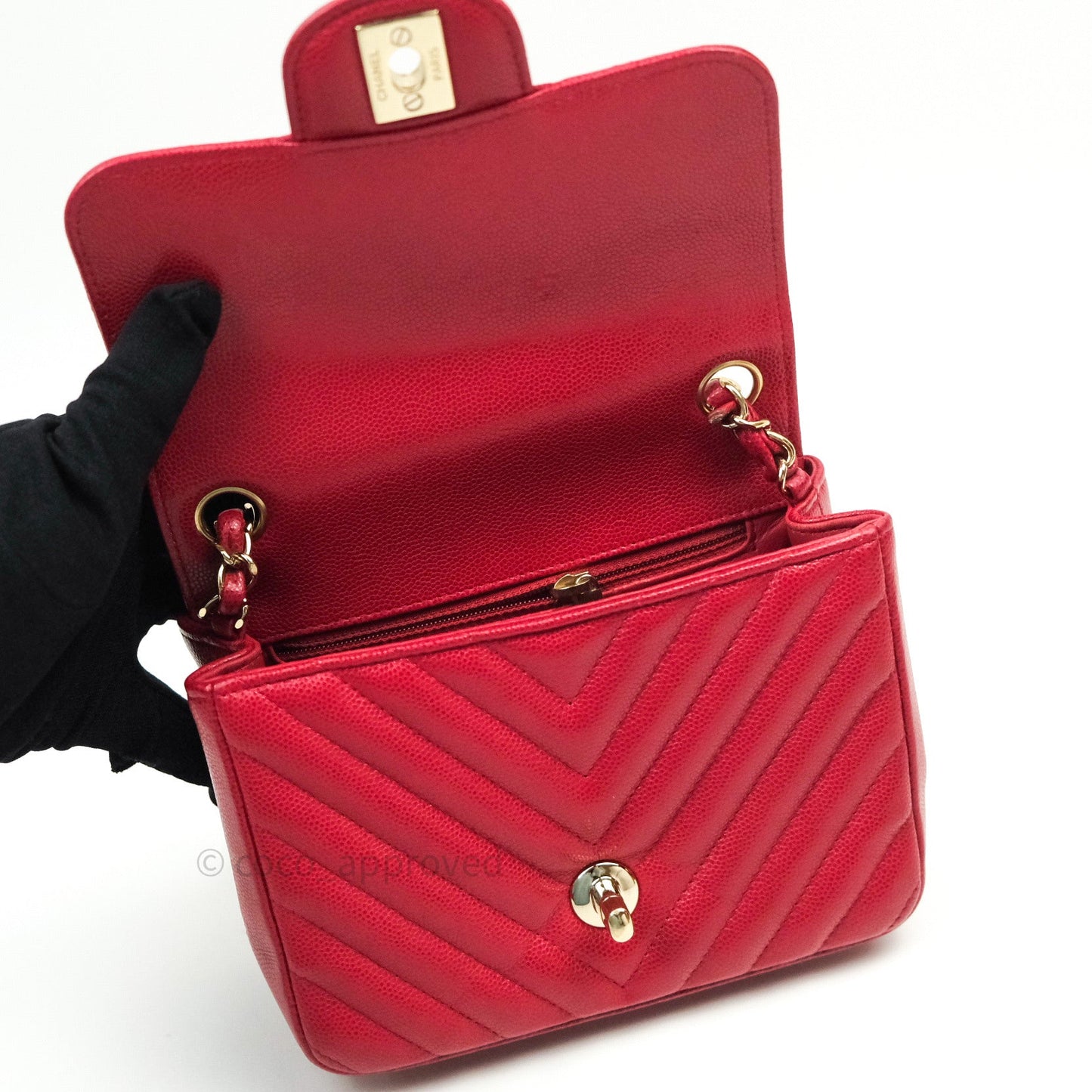 Chanel Mini Square Red Chevron Caviar Gold Hardware