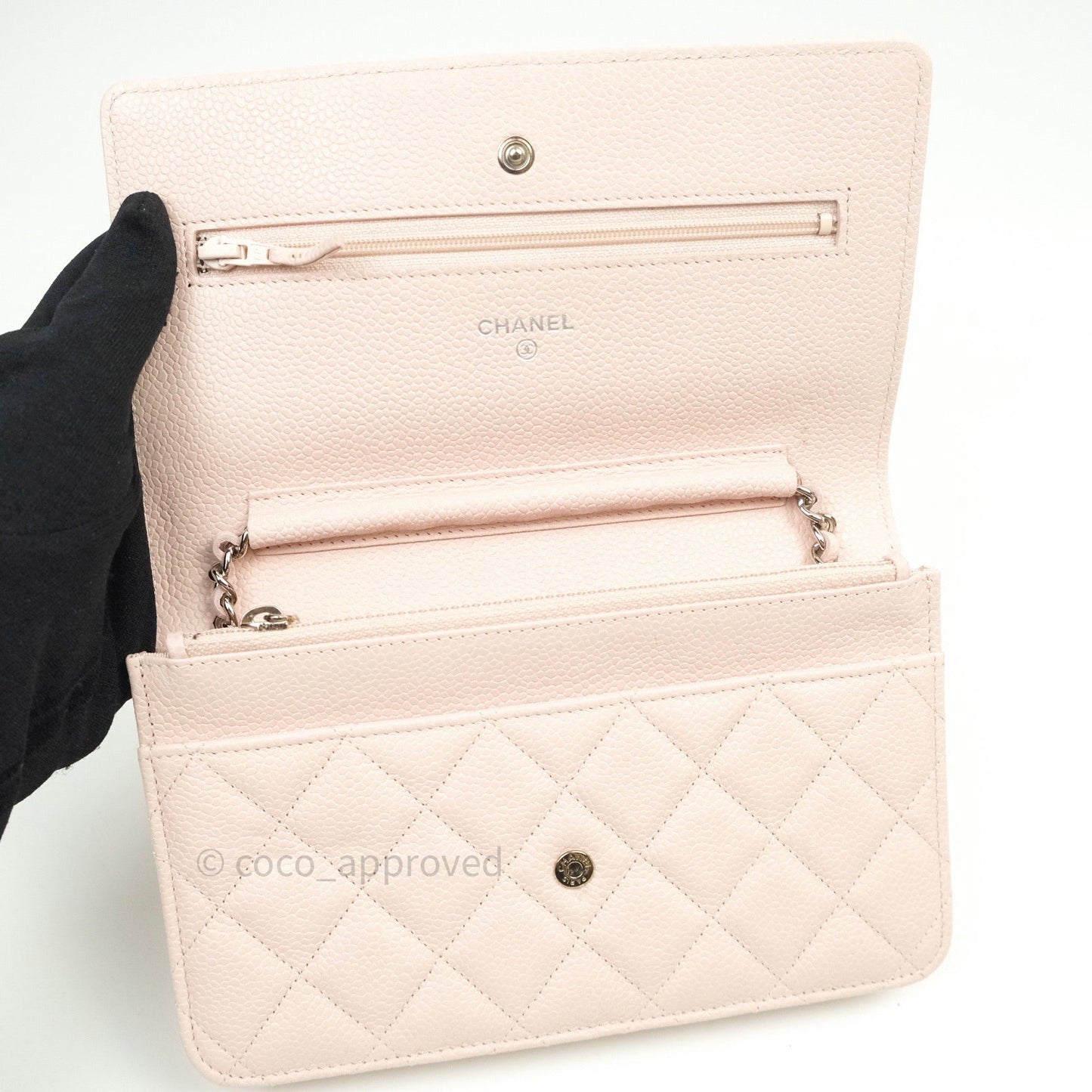 Chanel Quilted Wallet on Chain WOC Sakura Pink Caviar Silver Hardware