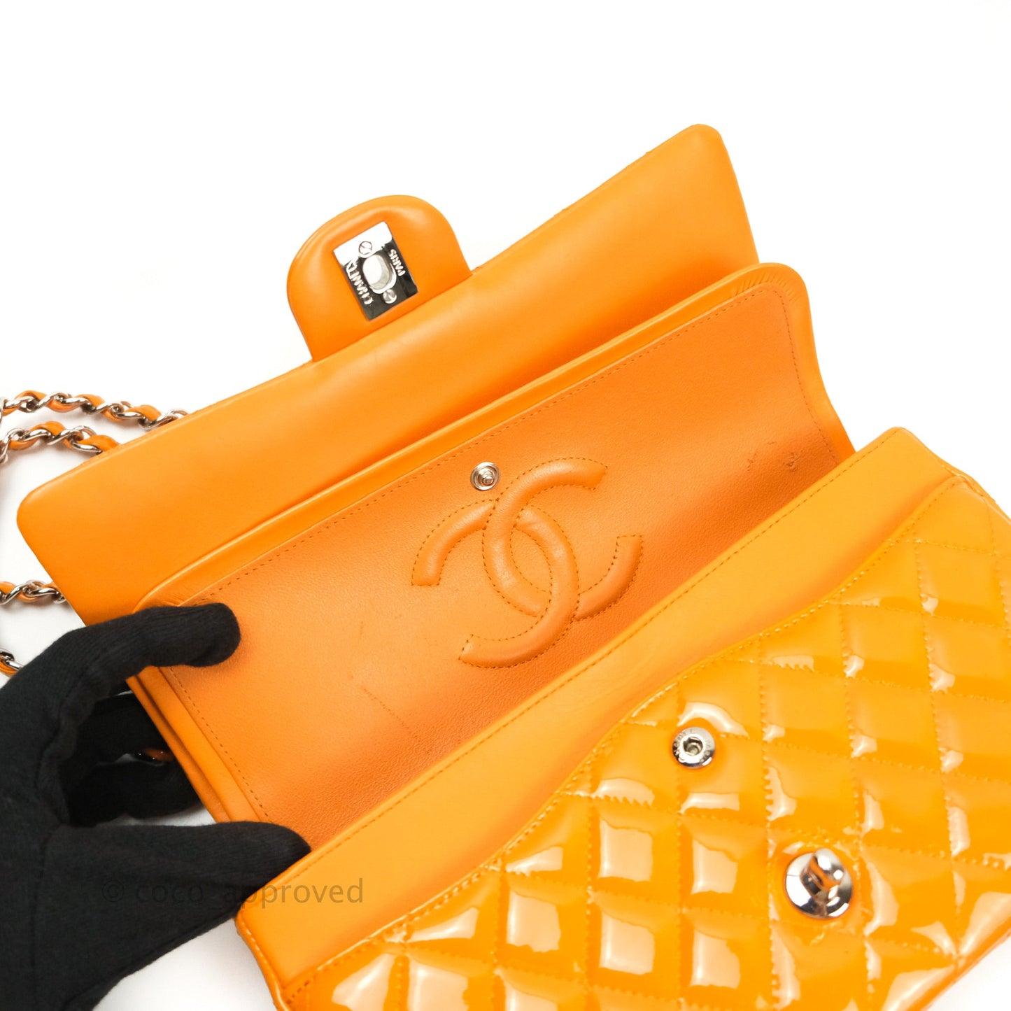 Chanel Classic M/L Medium Double Flap Orange Patent Silver Hardware
