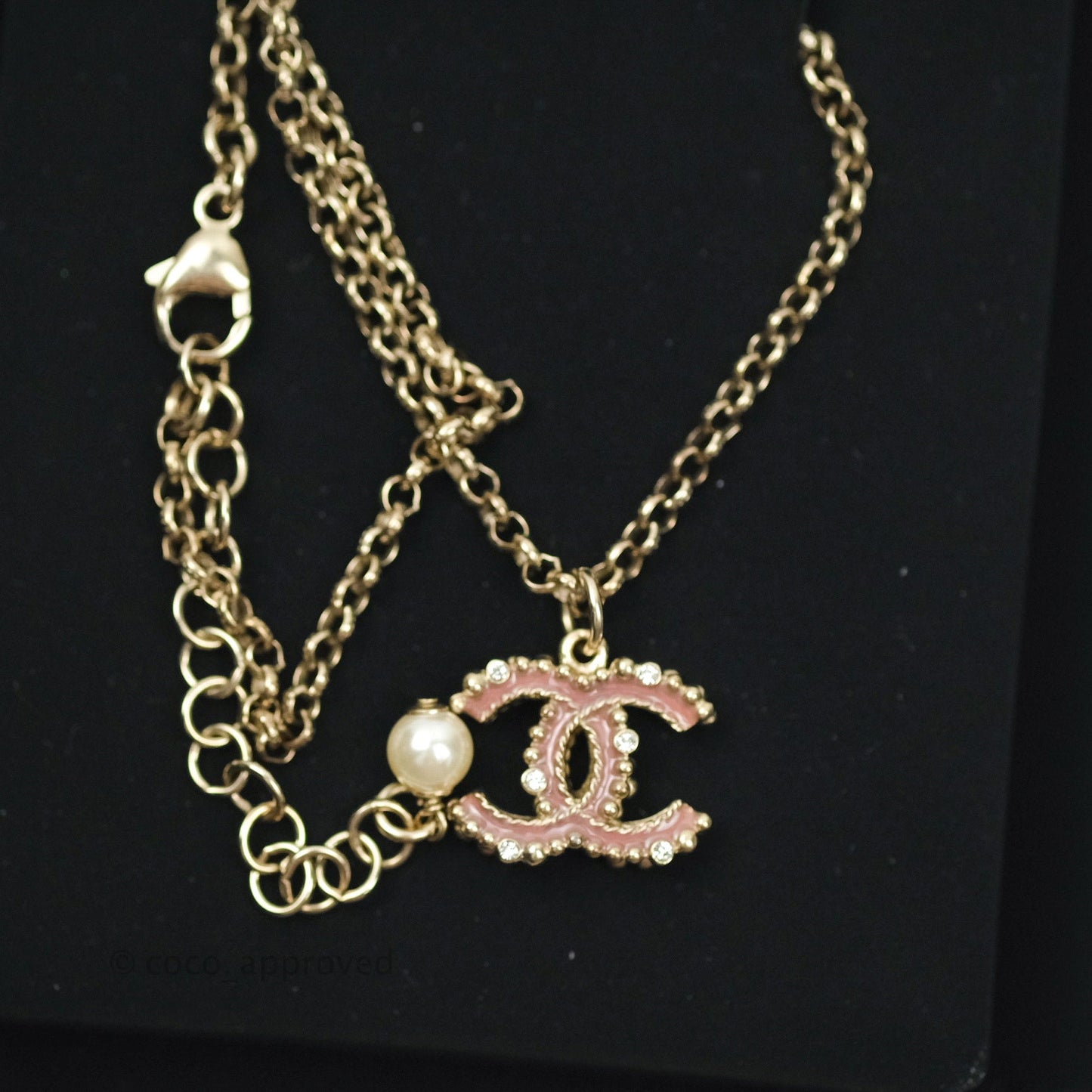 Chanel Enamel CC Necklace Pink Pendant Gold Tone 17A