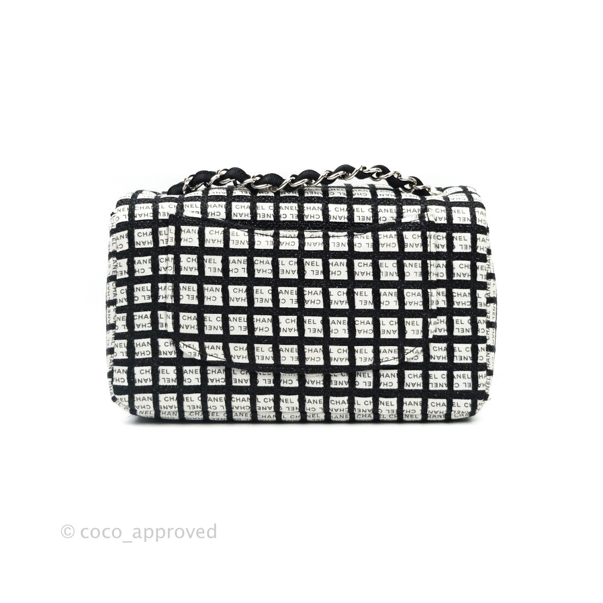 Chanel Quilted Mini Rectangular Black White Logo Silver Hardware