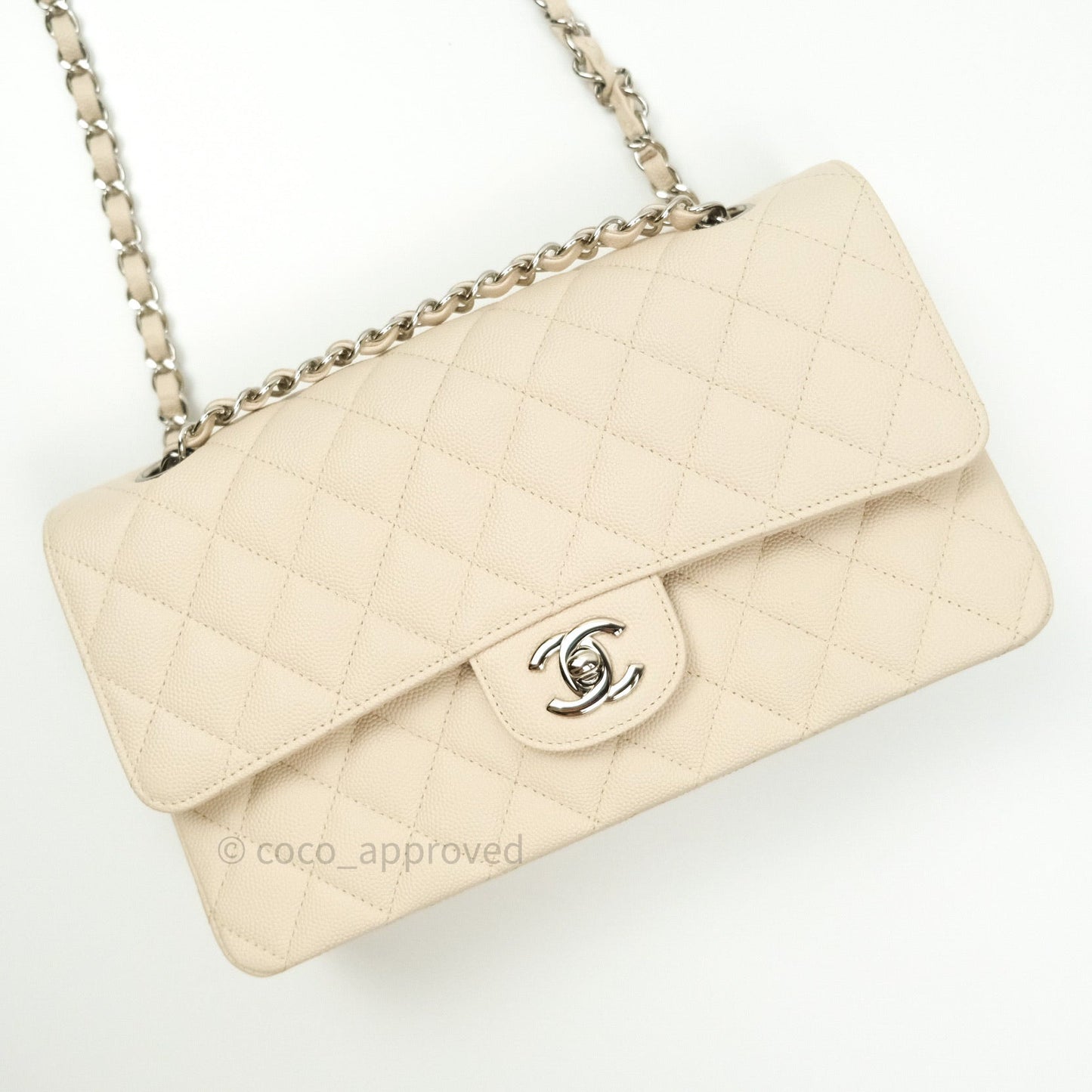 Chanel Classic M/L Medium Double Flap Quilted Ivory Caviar Silver Hardware