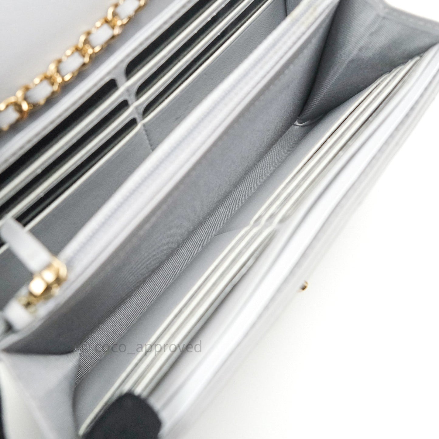Chanel Mini Trendy CC Wallet On Chain WOC Lambskin Chevron Grey Gold Hardware