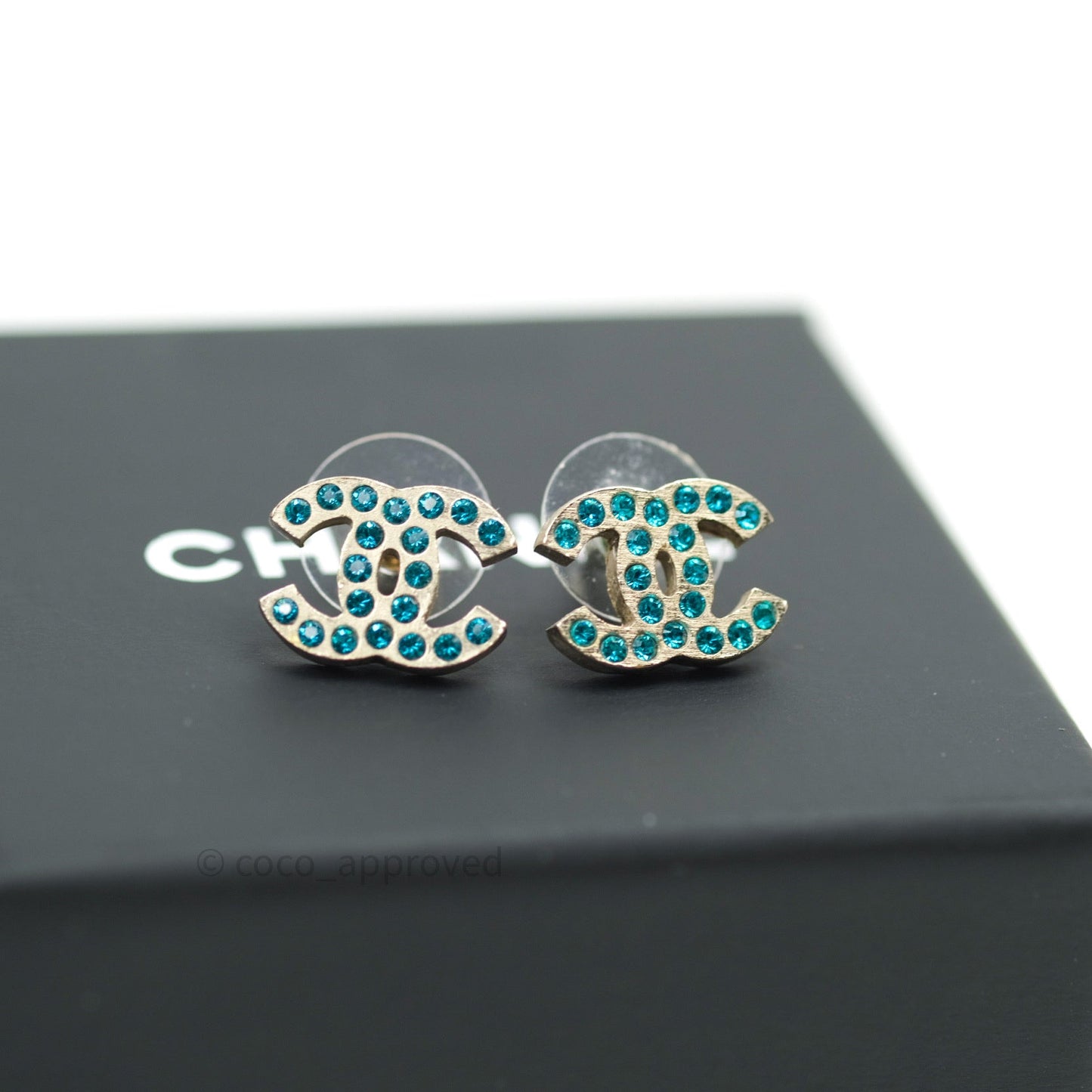 Chanel CC Tiffany Blue Crystals Silver Tone Earrings