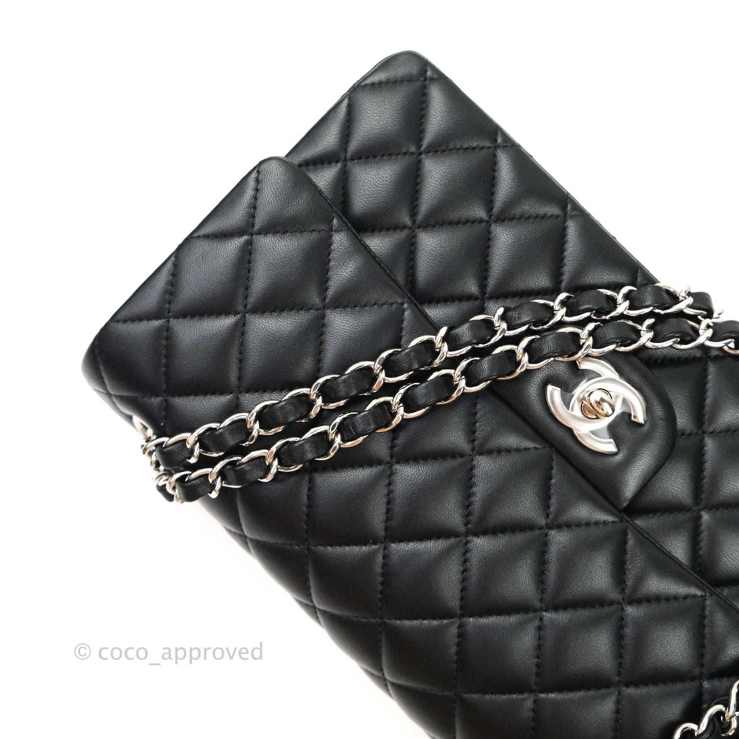 Chanel Classic M/L Medium Double Flap Bag Black Lambskin Silver Hardware