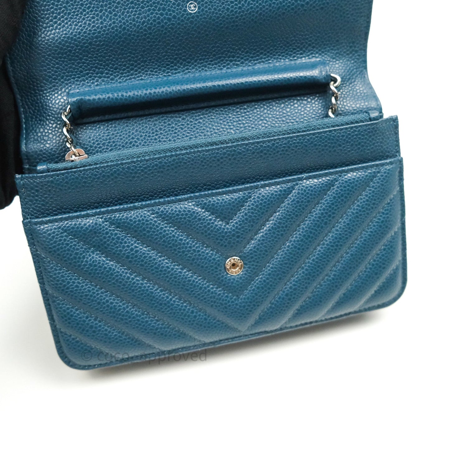 Chanel Chevron Wallet on Chain WOC Blue Caviar Silver Hardware