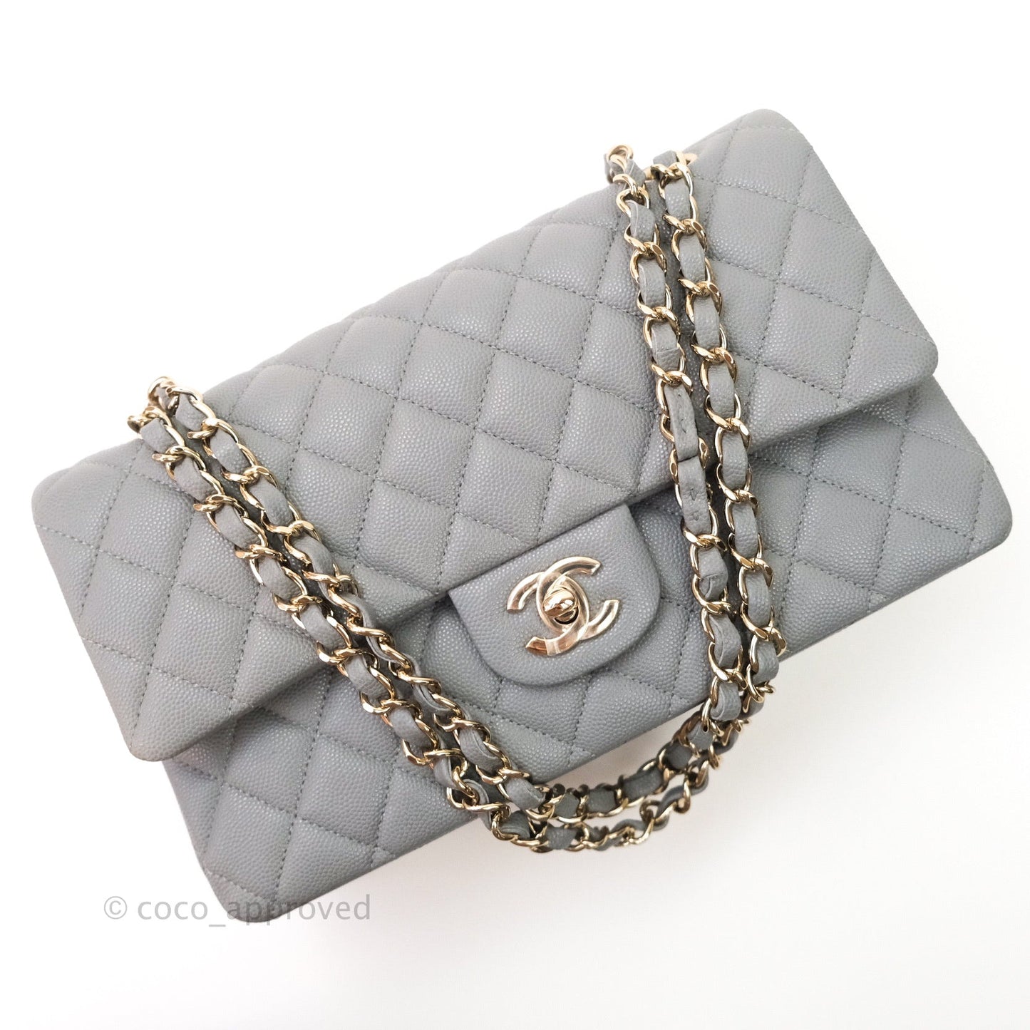 Chanel Classic M/L Medium Double Flap Quilted Grey Caviar Gold Hardware 20C