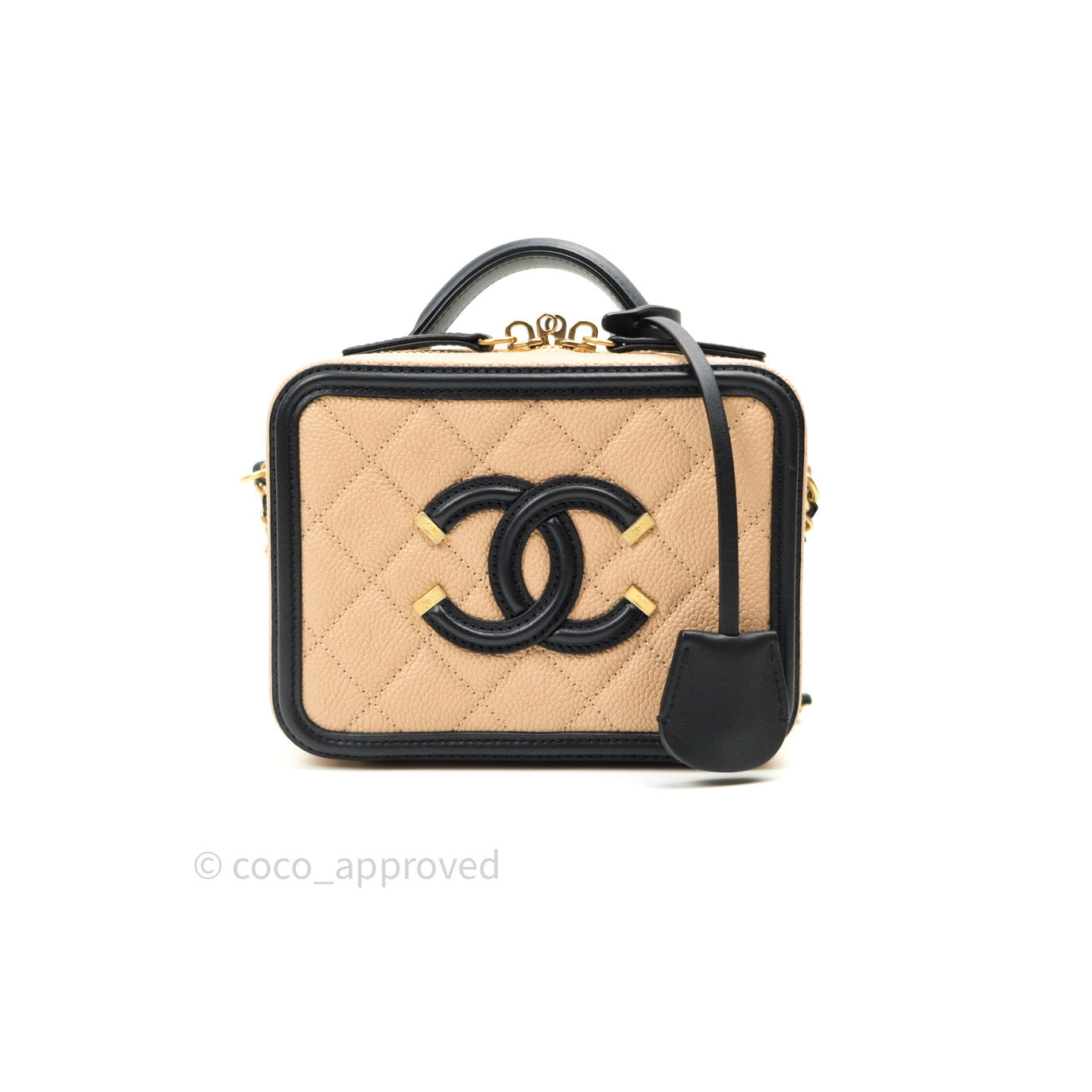 Chanel Quilted Small CC Filigree Vanity Case Beige Black Caviar