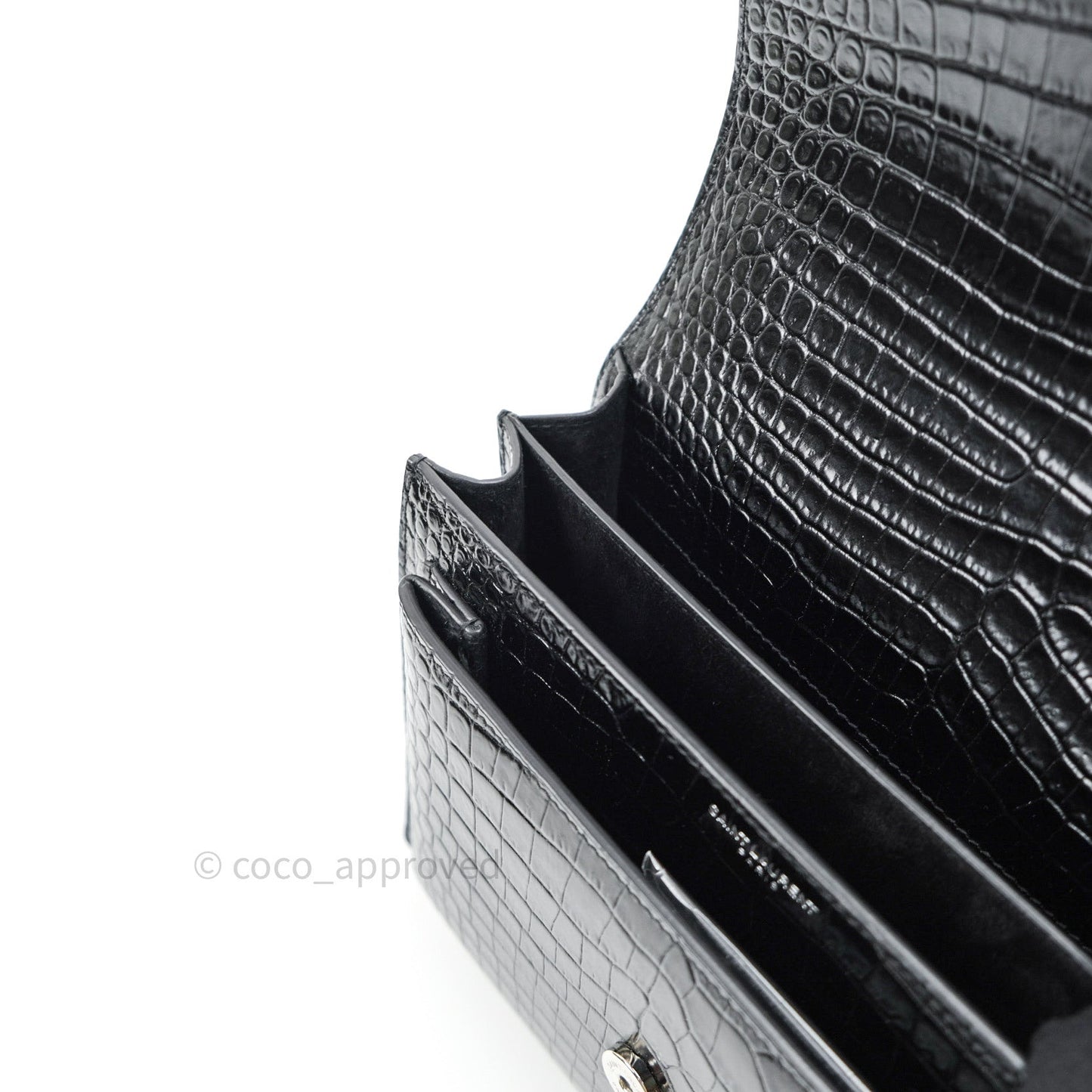 Saint Laurent Sunset Medium Black Crocodile Embossed Calfskin Silver Hardware