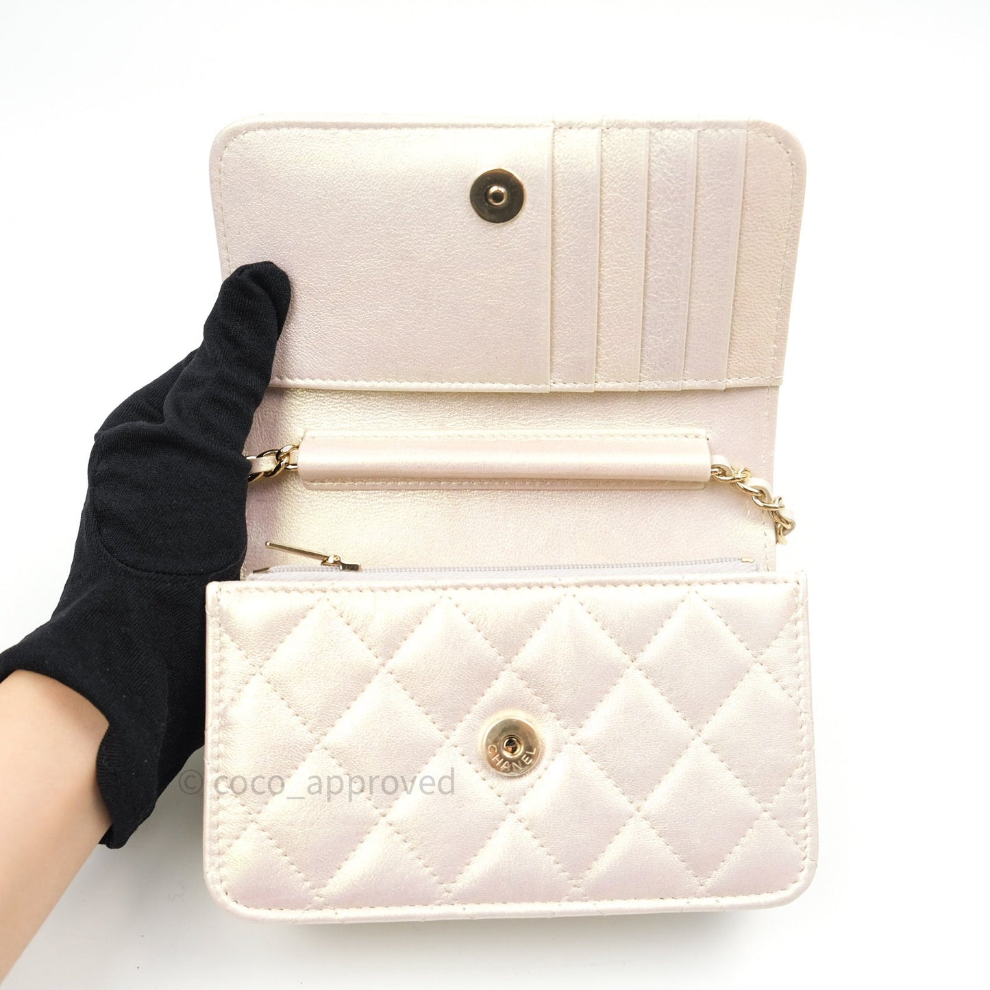Chanel Quilted Mini Wallet on Chain WOC Iridescent Ivory Gold Hardware 20A