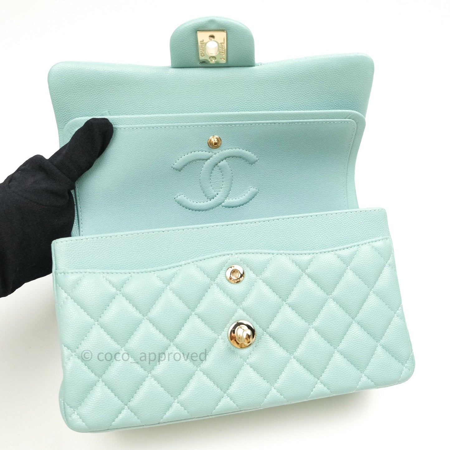Chanel Classic Small S/M Flap Tiffany Blue Caviar Light Gold Hardware