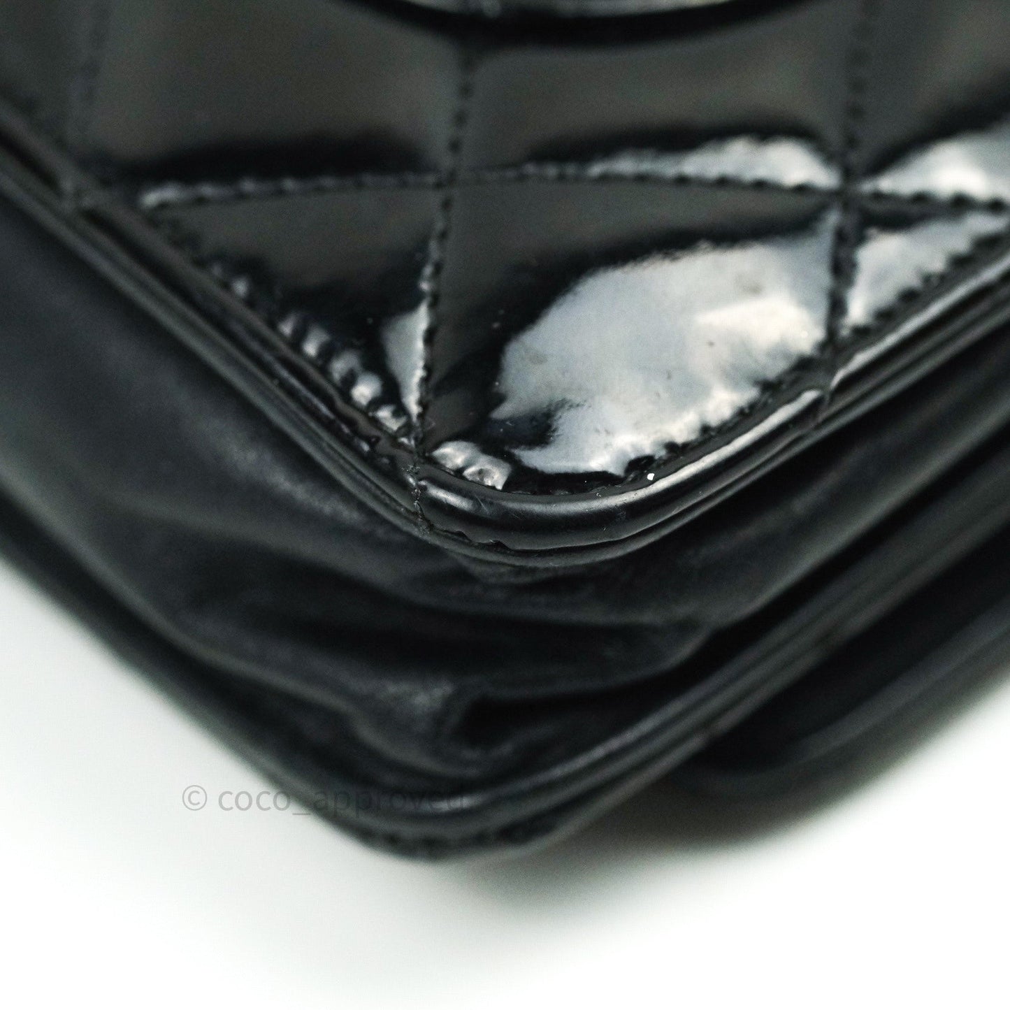 Chanel Quilted Wallet on Chain WOC Black Patent Leather Silver Hardware